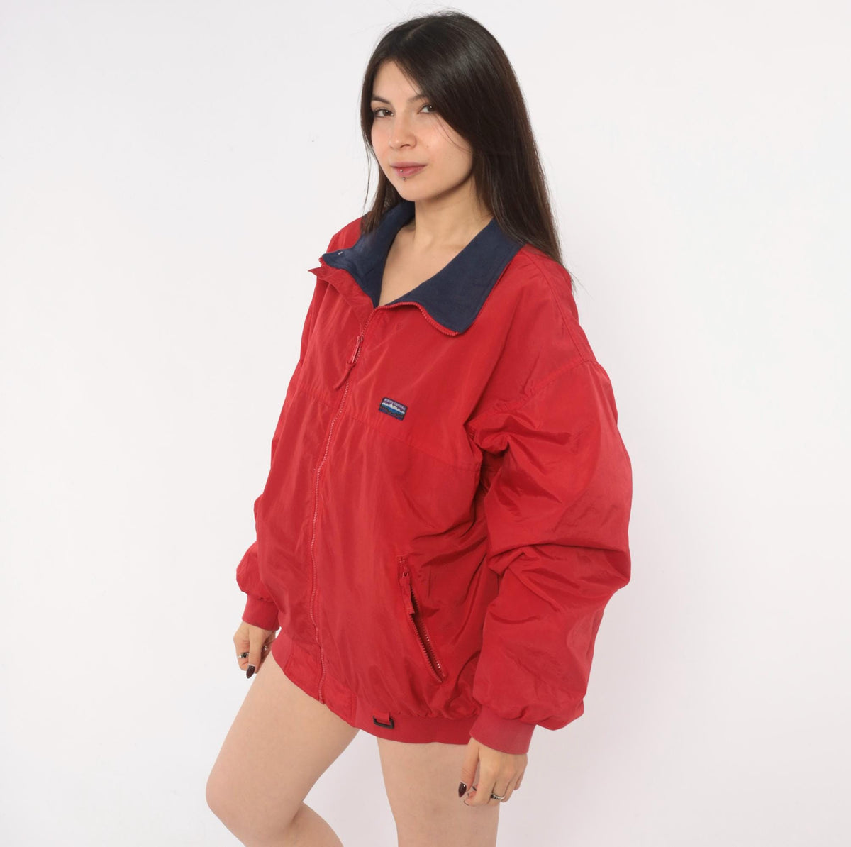 90s White Sierra Red Bomber Jacket Navy Fleece Lined Windbreaker Large L