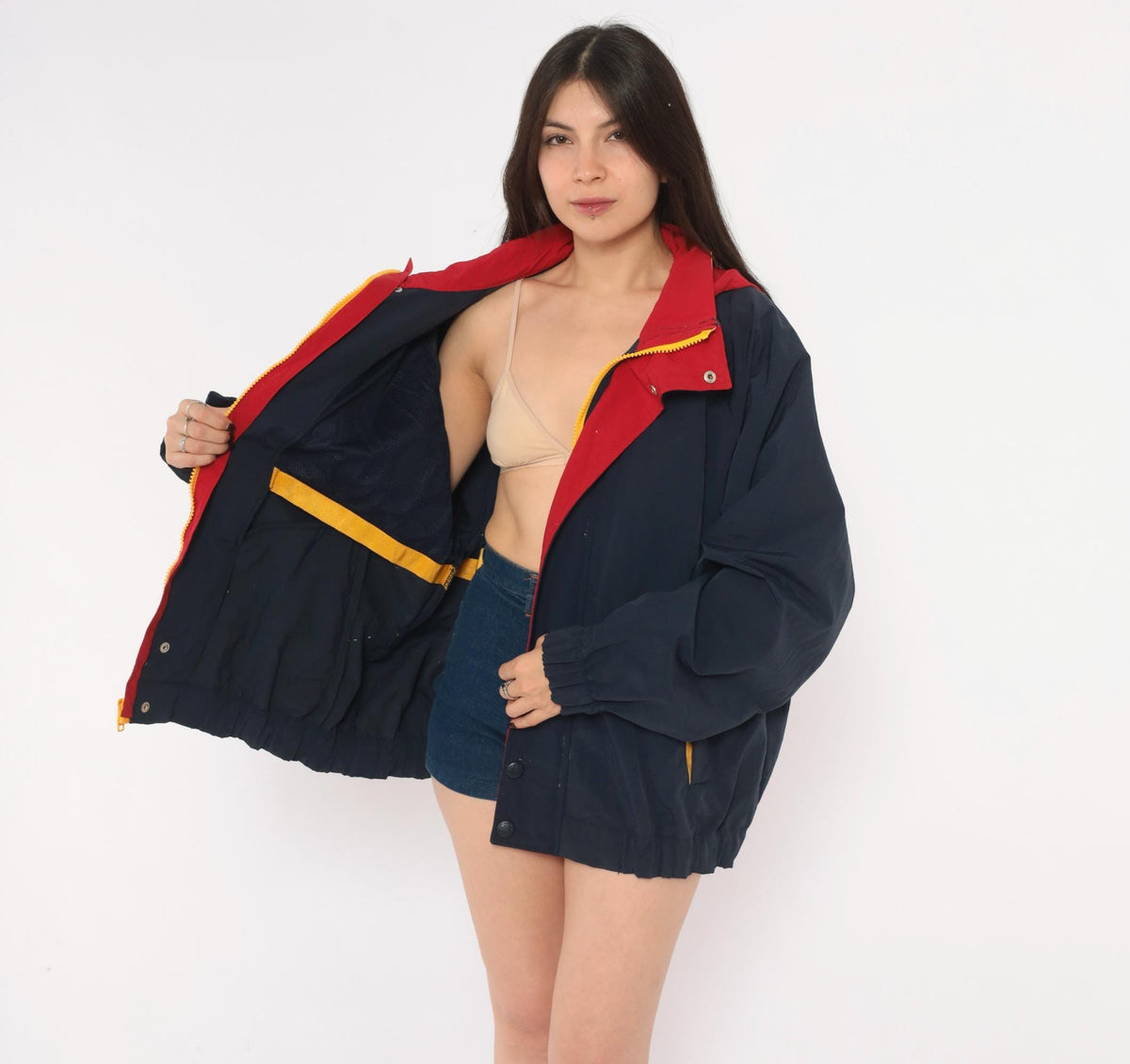 90s Croft & Barrow Navy Windbreaker Hooded Jacket Color Block Red Yellow Extra Large