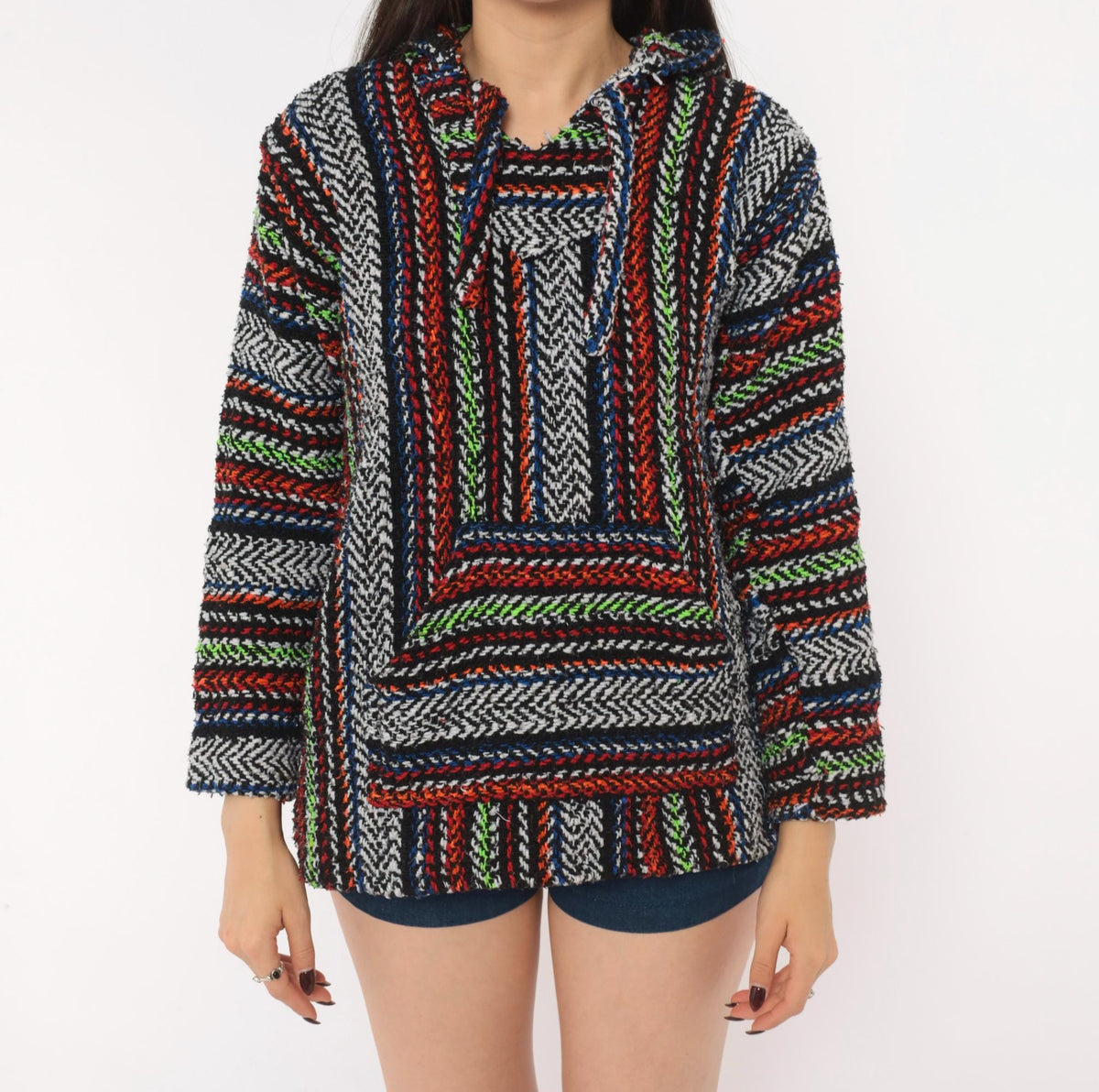90s Earth Ragz Baja Hoodie Black Rainbow Striped Woven Pullover Extra Small XS