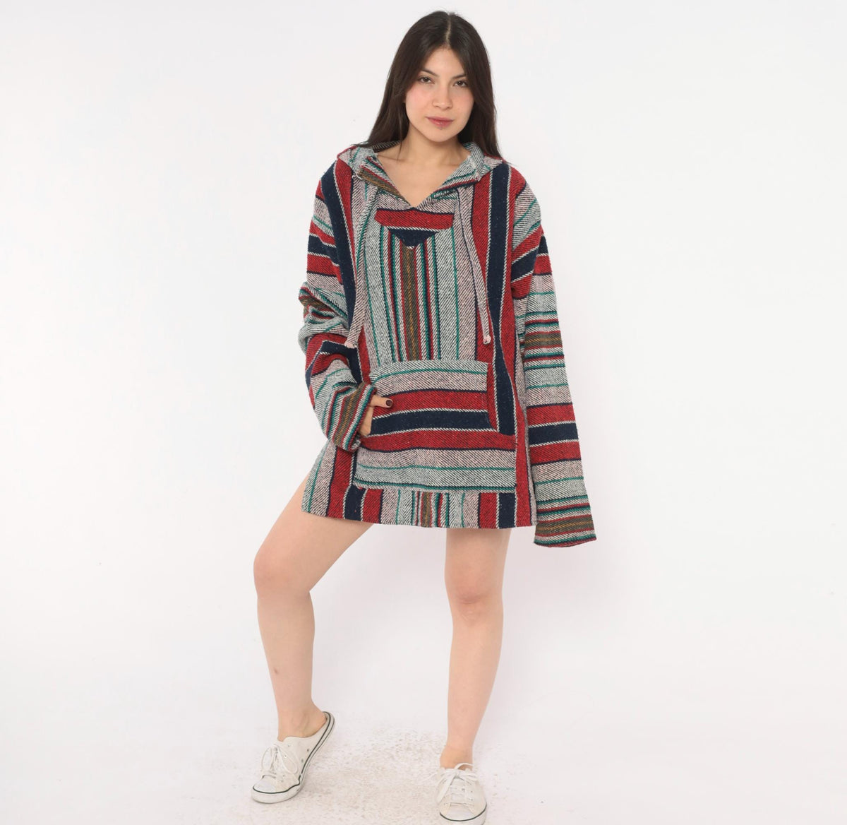 90s Baja Hoodie Red Navy Striped Woven Pullover Unisex Extra Large XXL