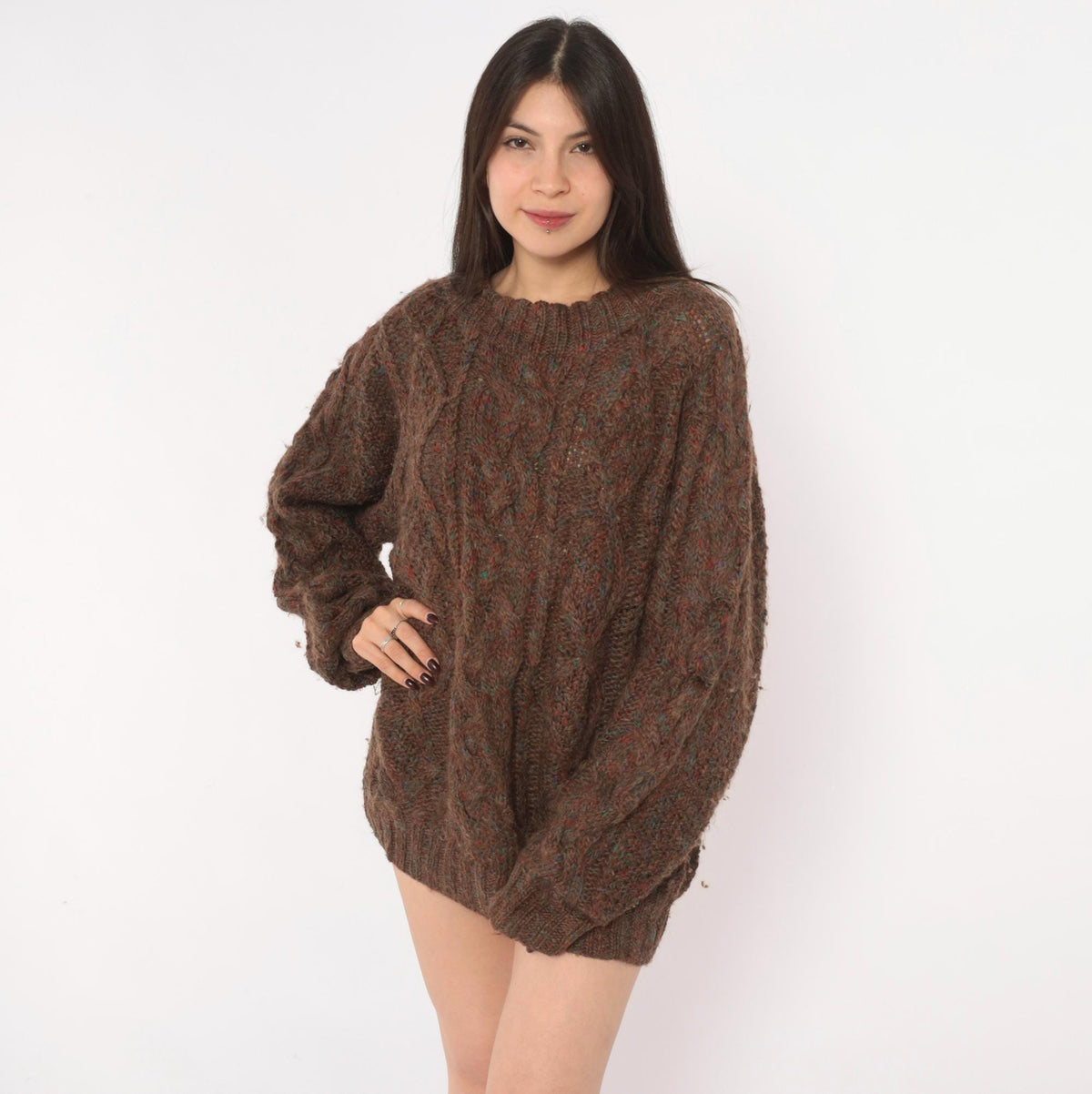 Tommy Hilfiger 90s Cable Knit Wool Sweater Brown Speckled Large