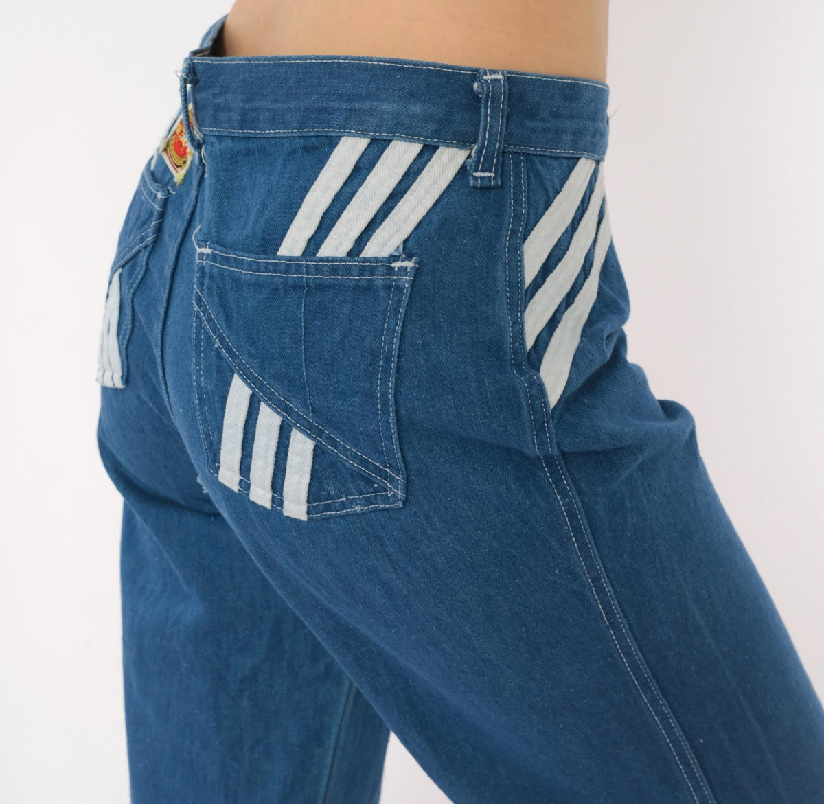 70s Viceroy Sportswear Bell Bottom Jeans Blue Denim White Stripe Medium