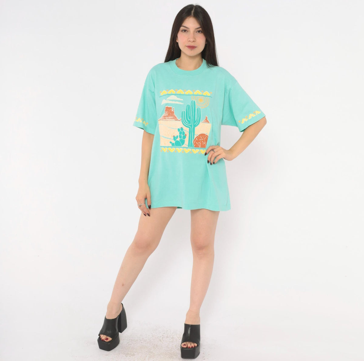 90s Screen Stars Desert Cactus Graphic Tee Seafoam Green Southwestern Extra Large XL