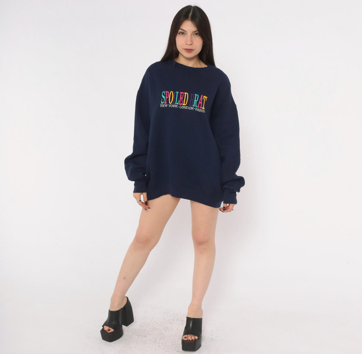 90s Spoiled Brat Navy Sweatshirt Embroidered Rainbow Text Extra Large XL