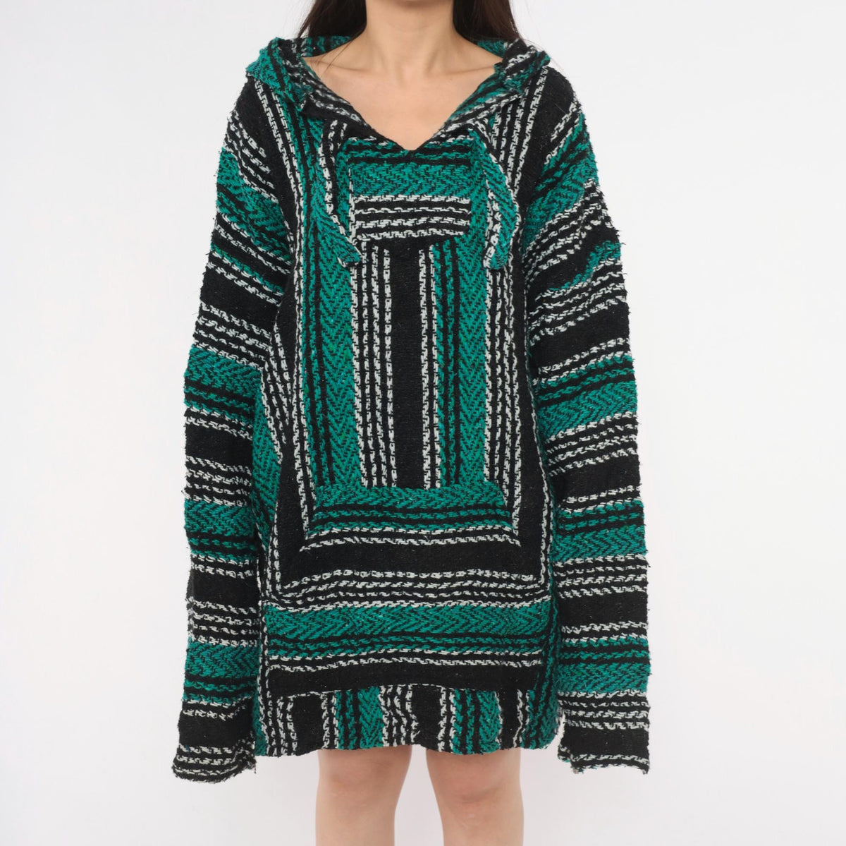 90s Baja Hoodie Black Teal Stripe Kangaroo Pocket V Neck Unisex Extra Large XXL