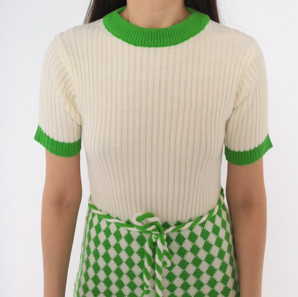 70s Alyssa Knit Mini Dress Green Cream Diamond Argyle Short Sleeve Extra Small XS
