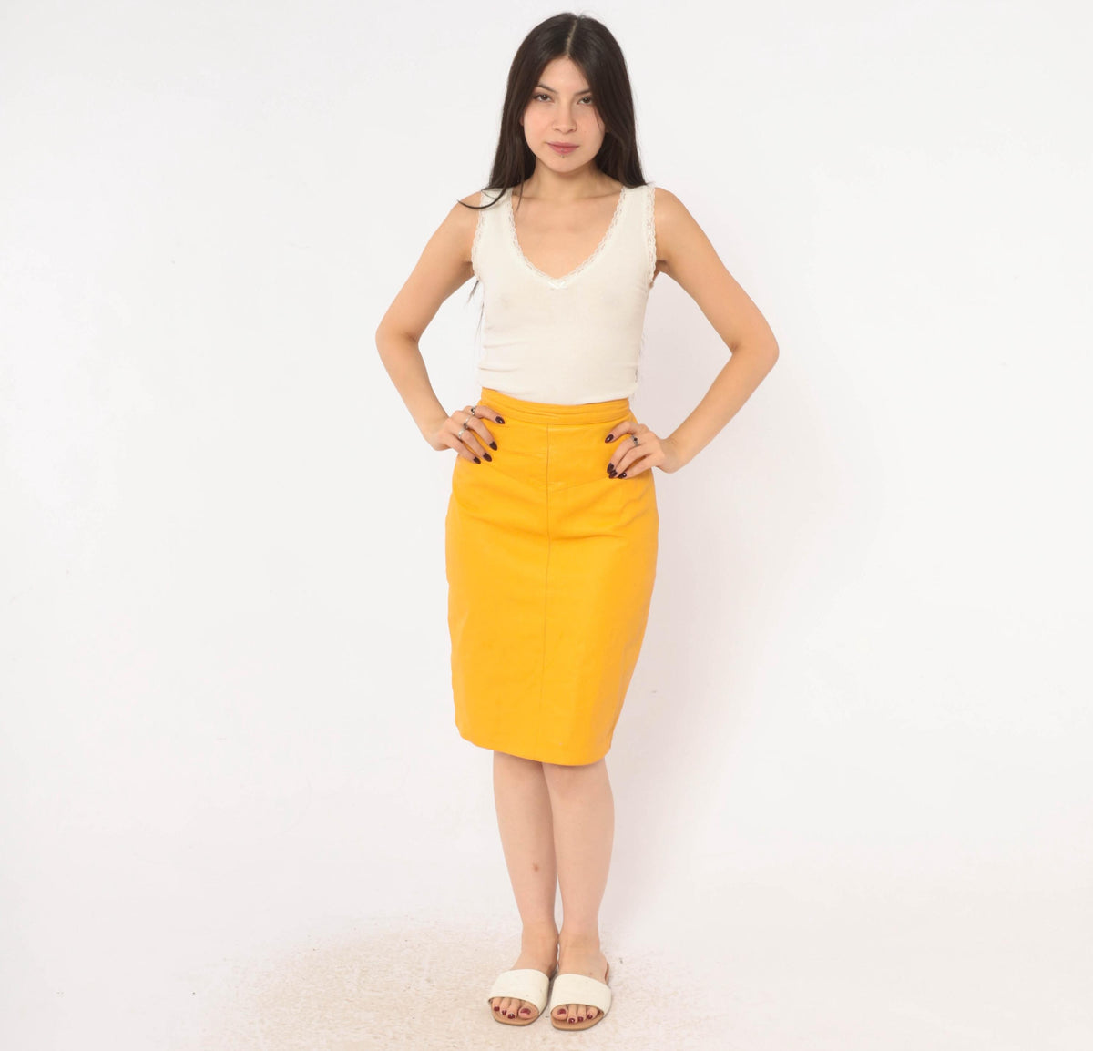 90s Forenza Mustard Yellow Leather Pencil Skirt High Waist Knee Length Extra Small XS