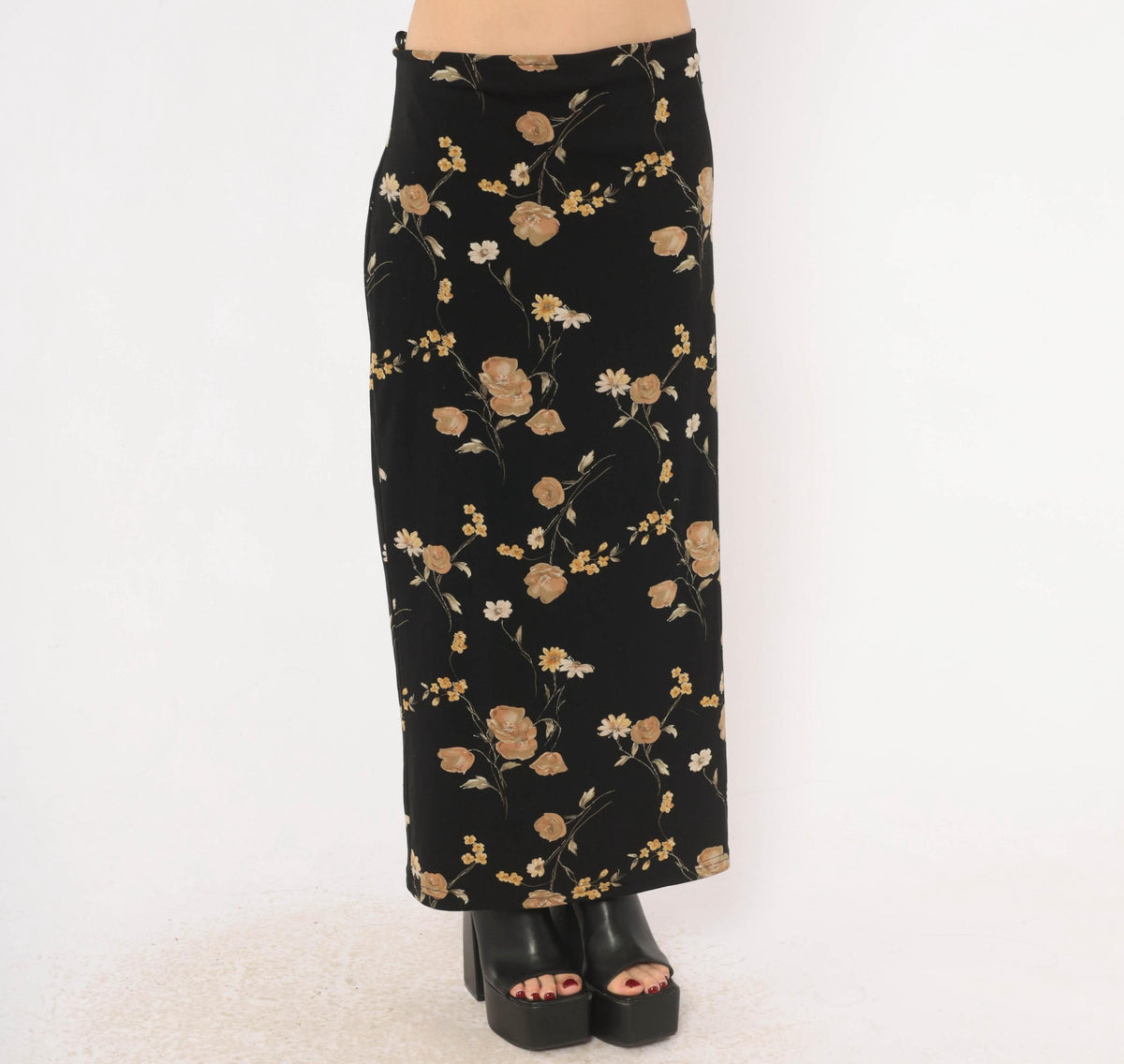 90s Black Floral Skirt Ankle Length Straight Daisy Rose Print Large L