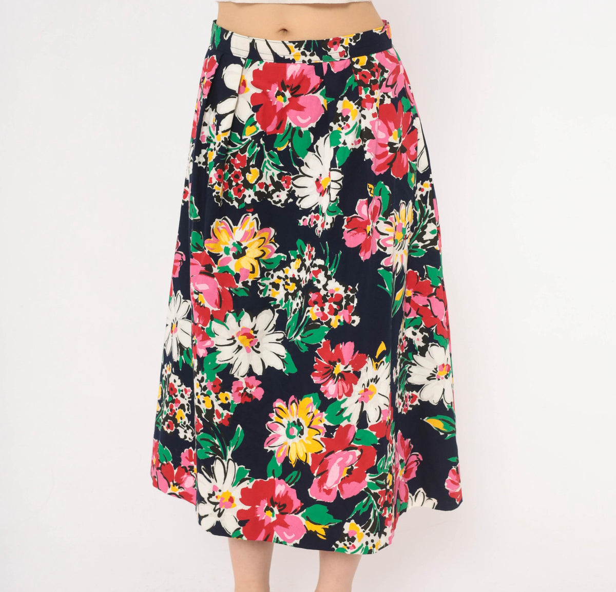 80s Navy Floral Midi Skirt A-Line Daisy Print Cotton Small S