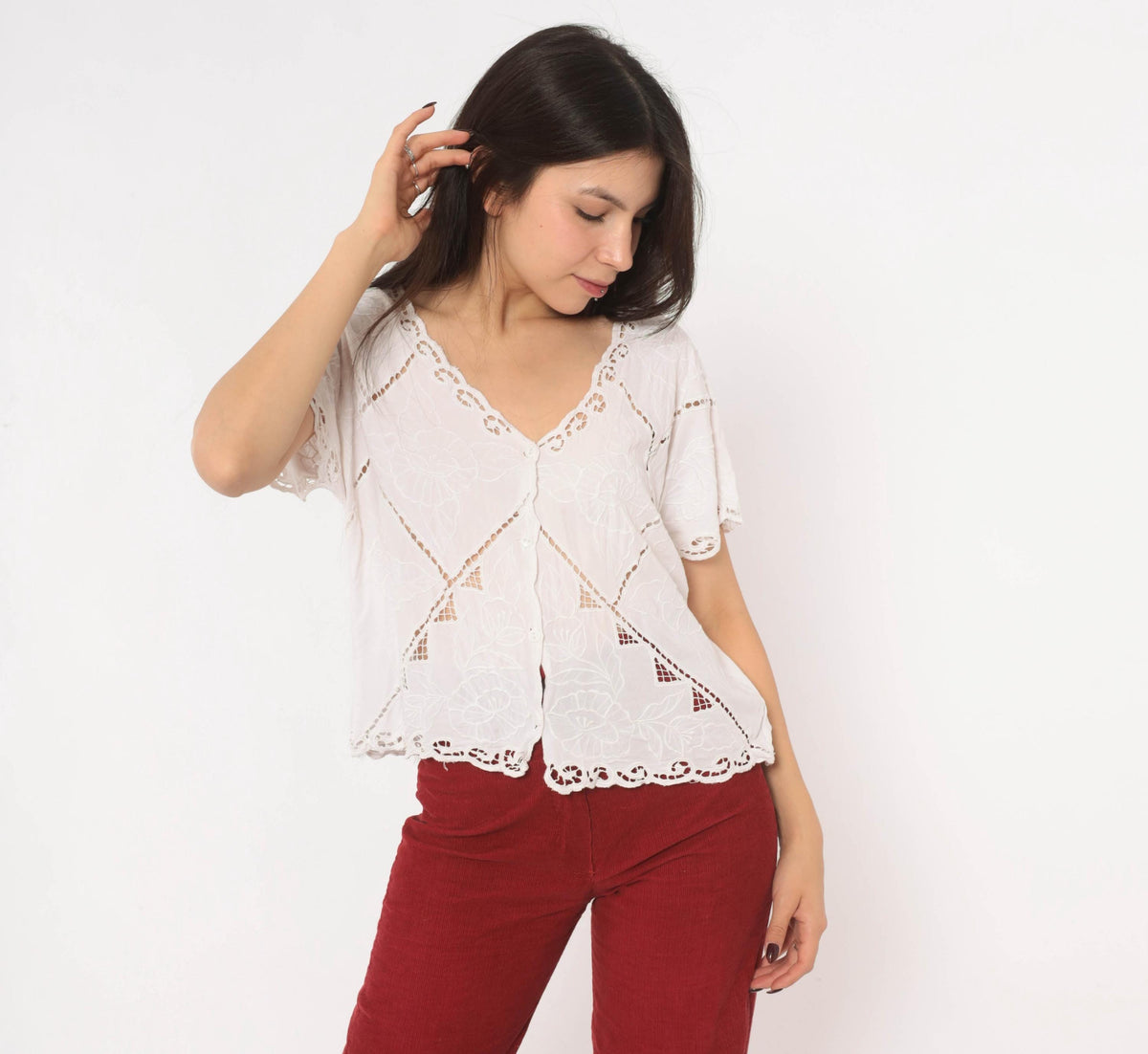 90s Hibis White Cutwork Eyelet Blouse Embroidered Floral Flutter Sleeve Large