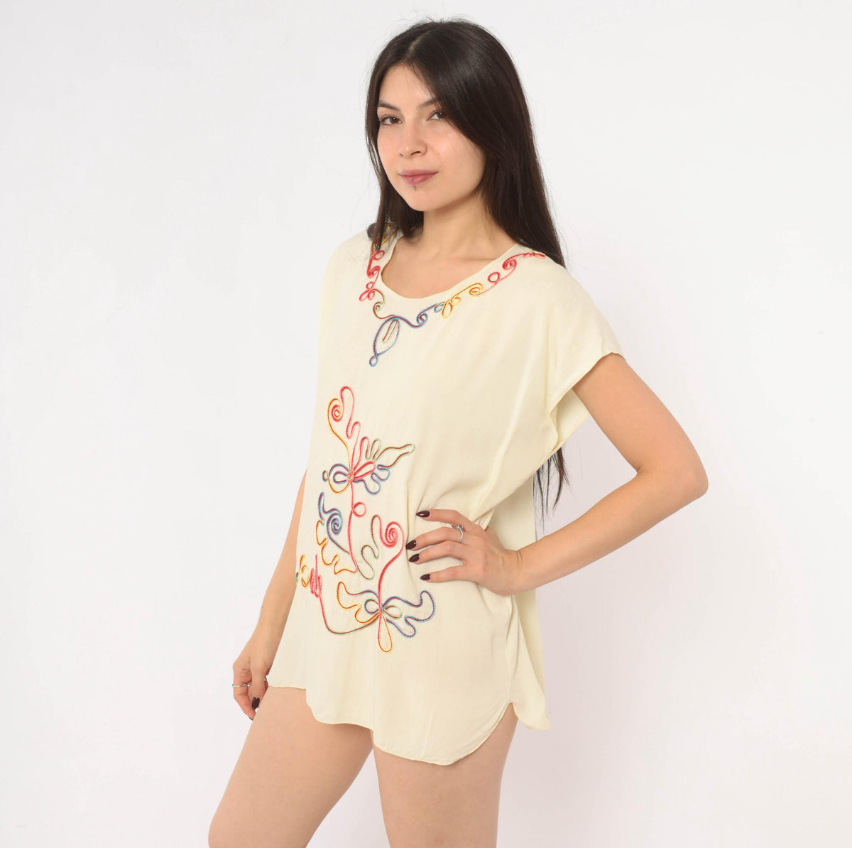 Y2K Cream Blouse Rainbow Soutache Embroidered Floral Cap Sleeve Medium M