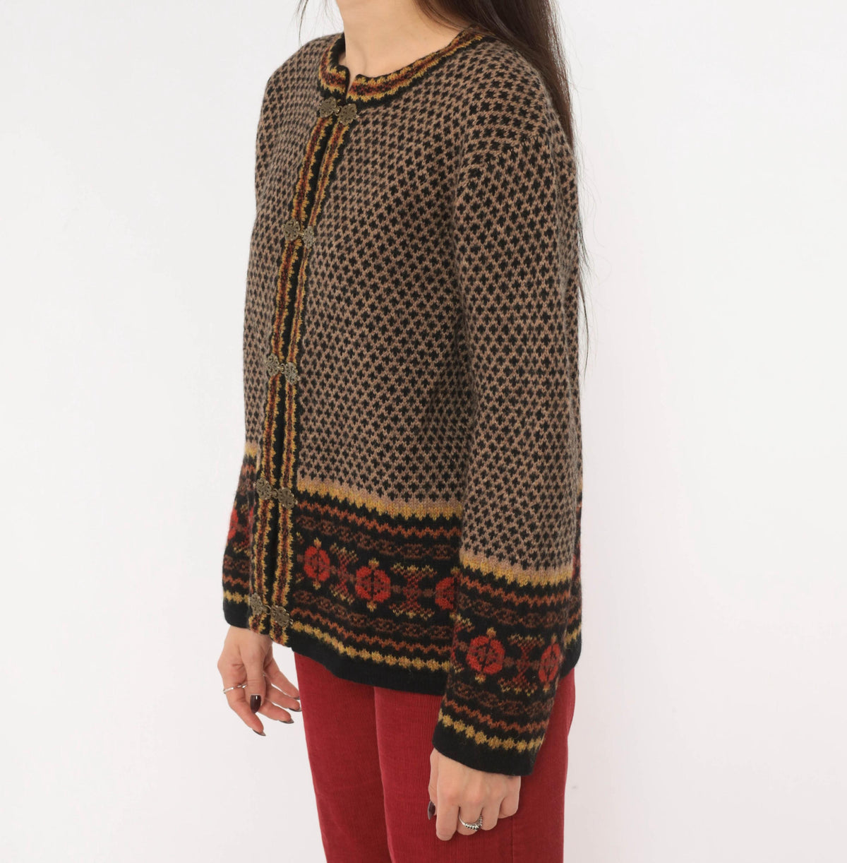 90s Skyr Wool Cardigan Black Tan Fair Isle Nordic Knit Small S