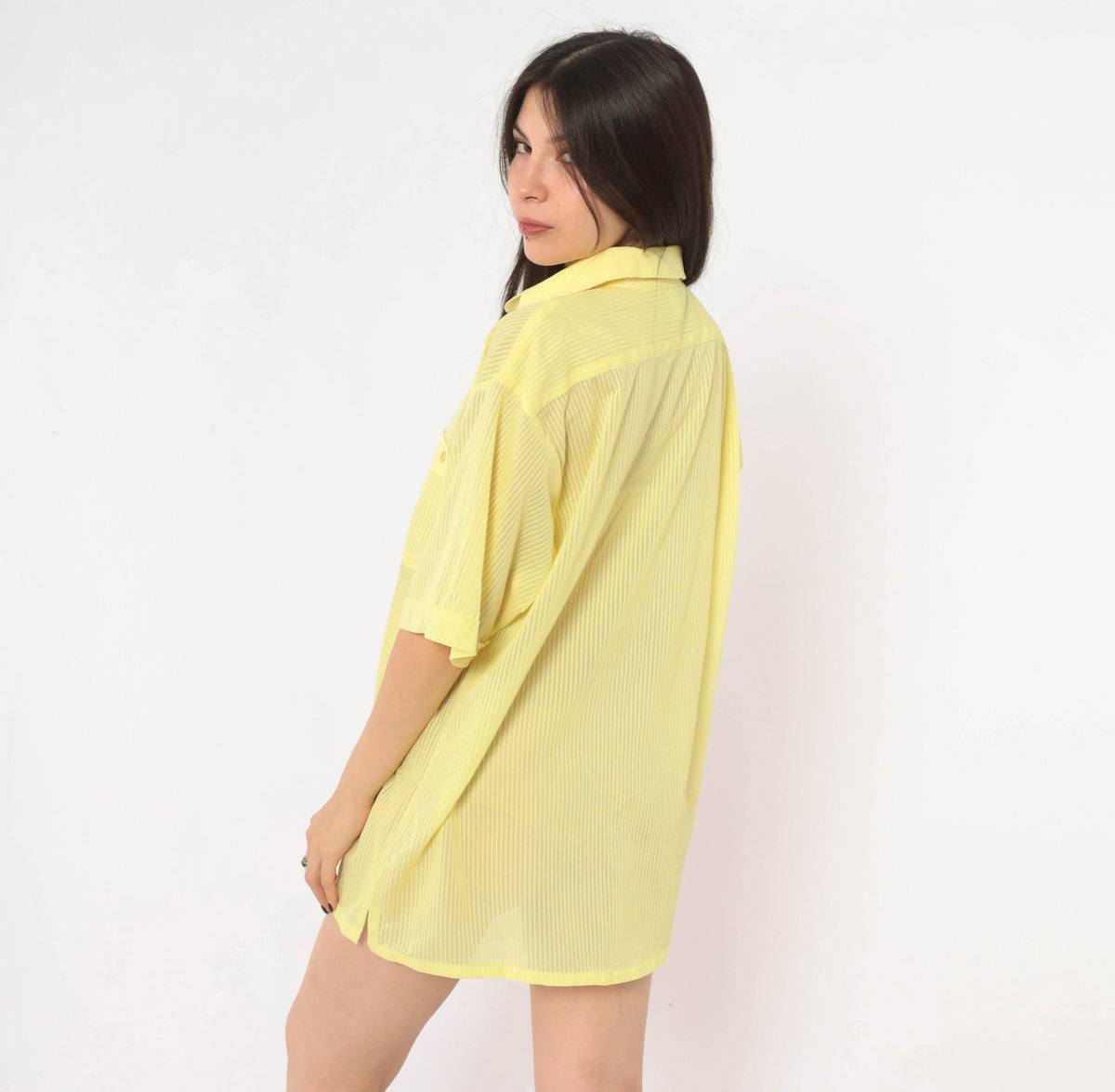 70s Jean Phillipe Yellow Striped Button-Up Shirt Pointed Collar Sheer Large