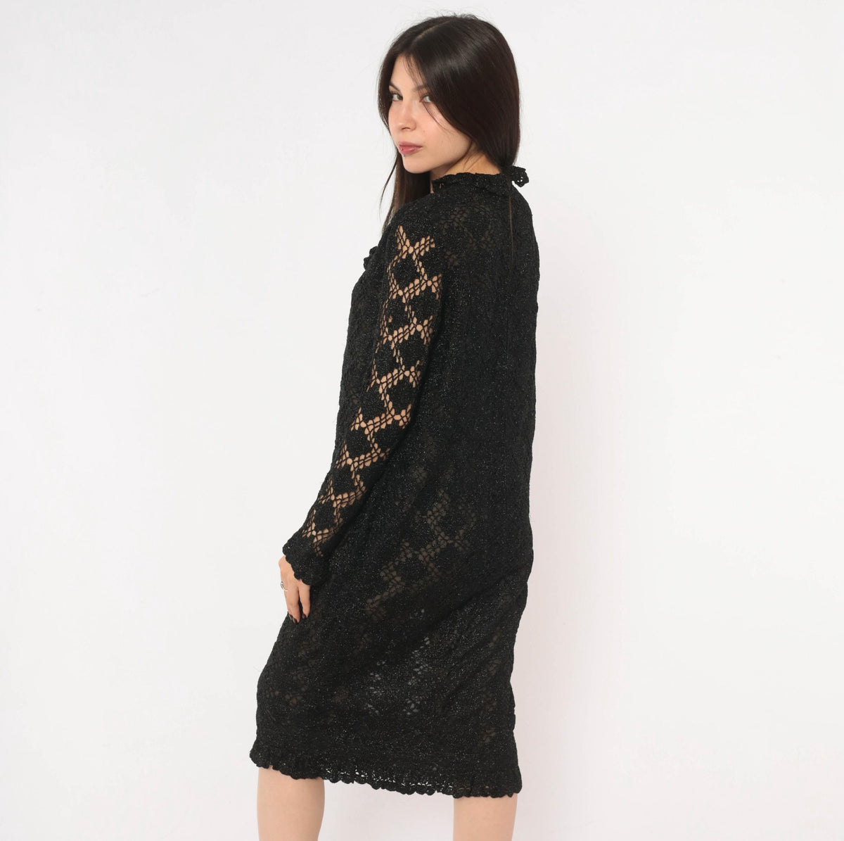 70s Black Crochet Lace Dress Metallic Sparkle Long Sleeve Knee-Length Small