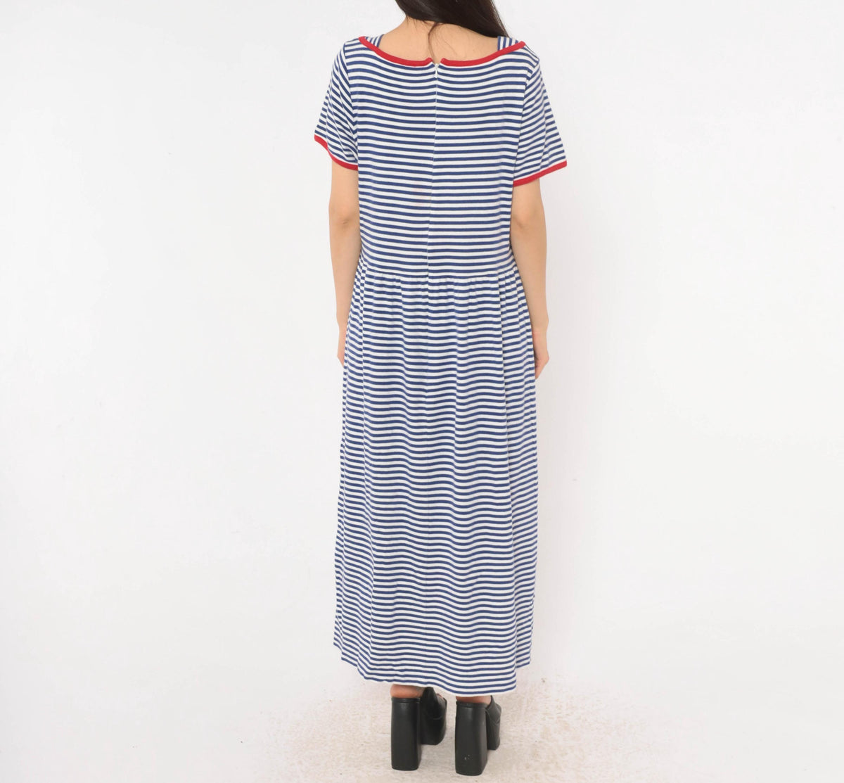 90s Talbots Striped Cotton Maxi Dress Cobalt Blue White Red Trim Large L