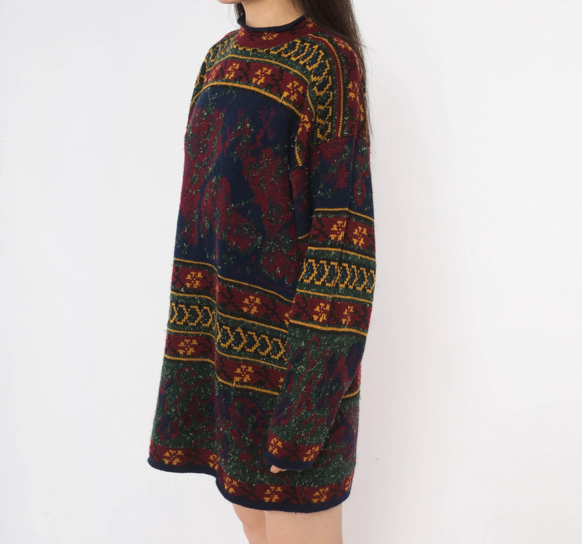 90s Colter Bay Sweater Dress Burgundy Navy Floral Fair Isle Mock Neck Medium