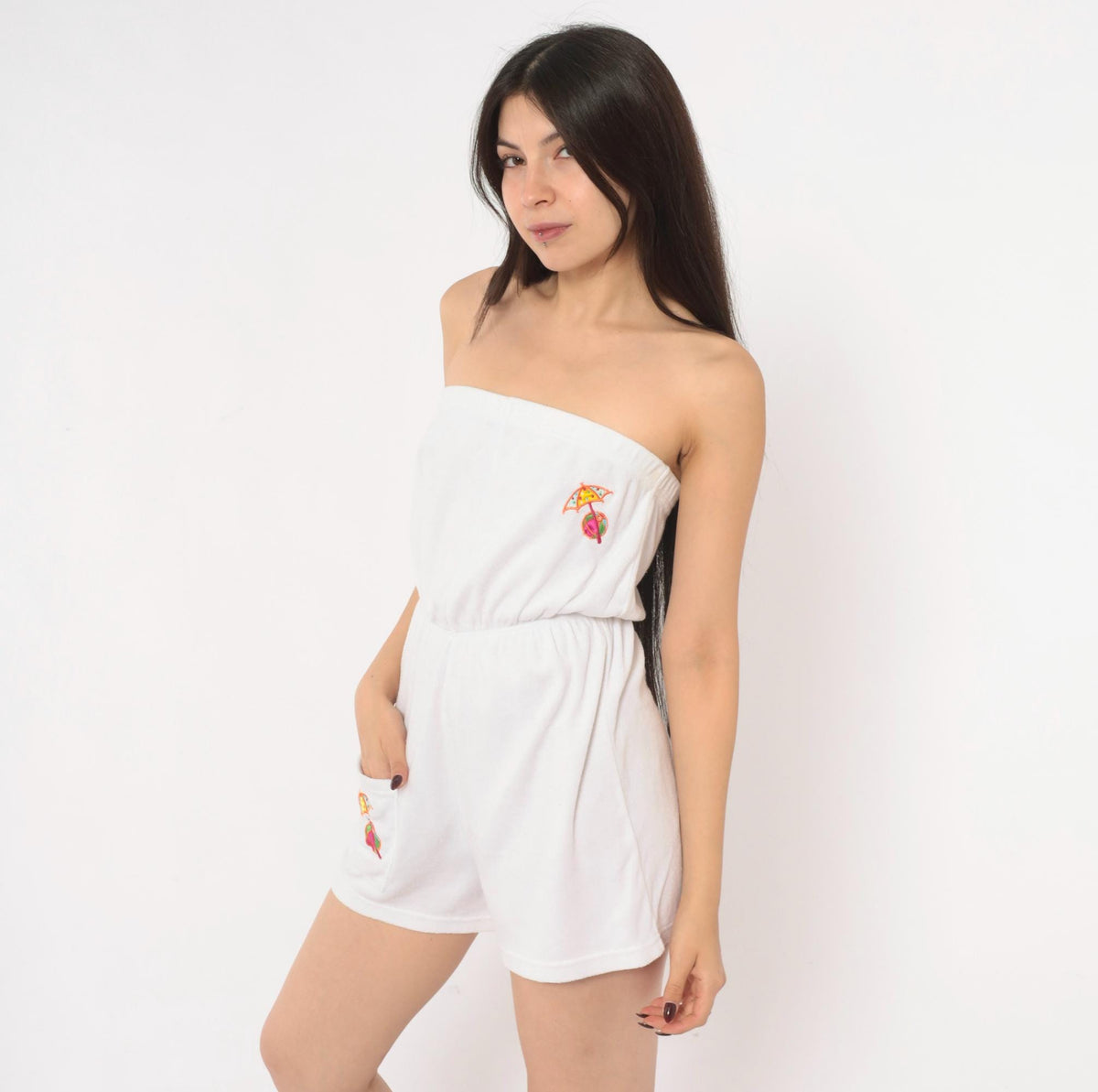 80s Bobbie Brooks White Strapless Terry Cloth Romper Umbrella Embroidered Small