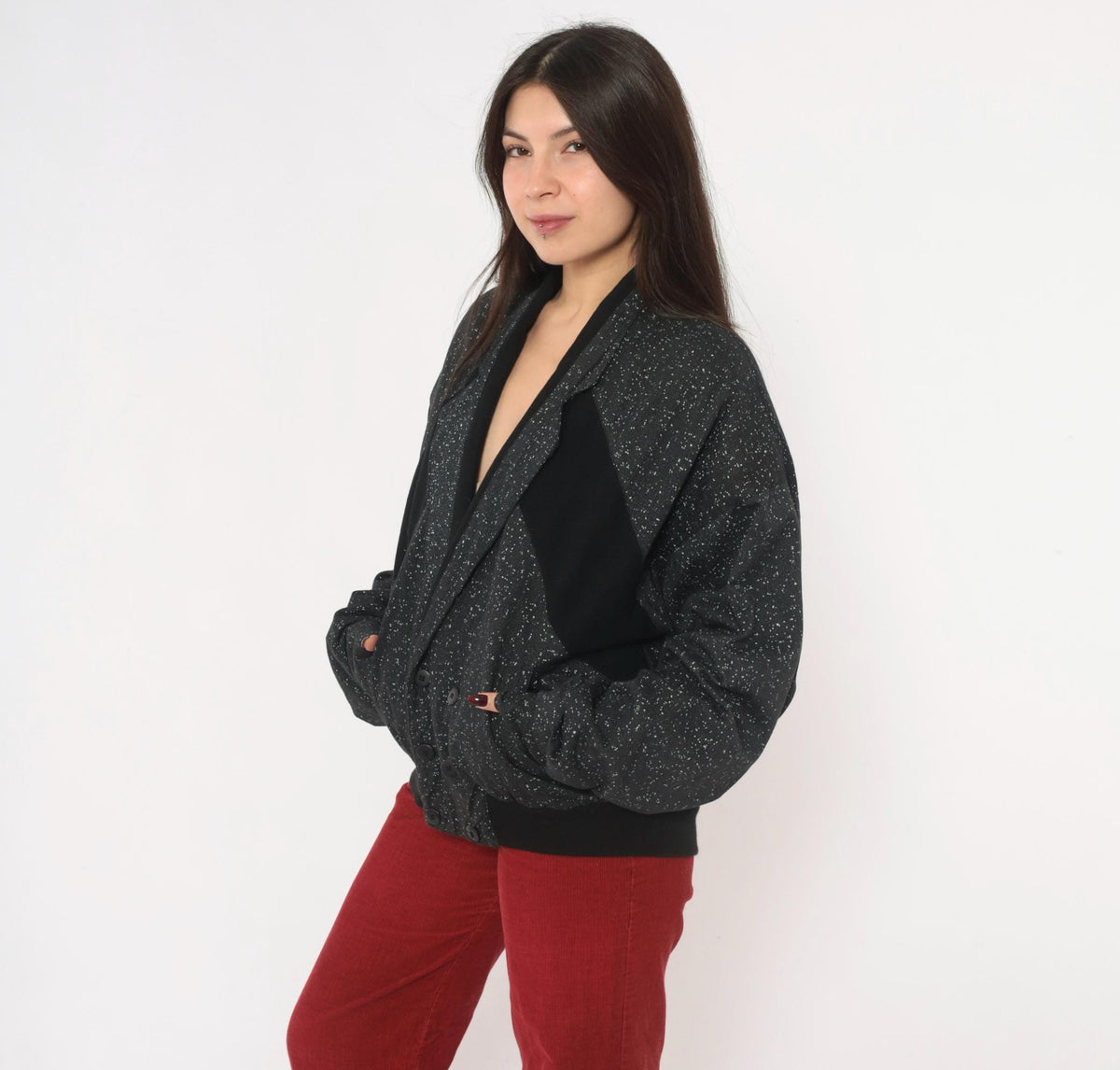 90s Code Zero Black Cotton Bomber Jacket White Speckled Notched Lapel Large L