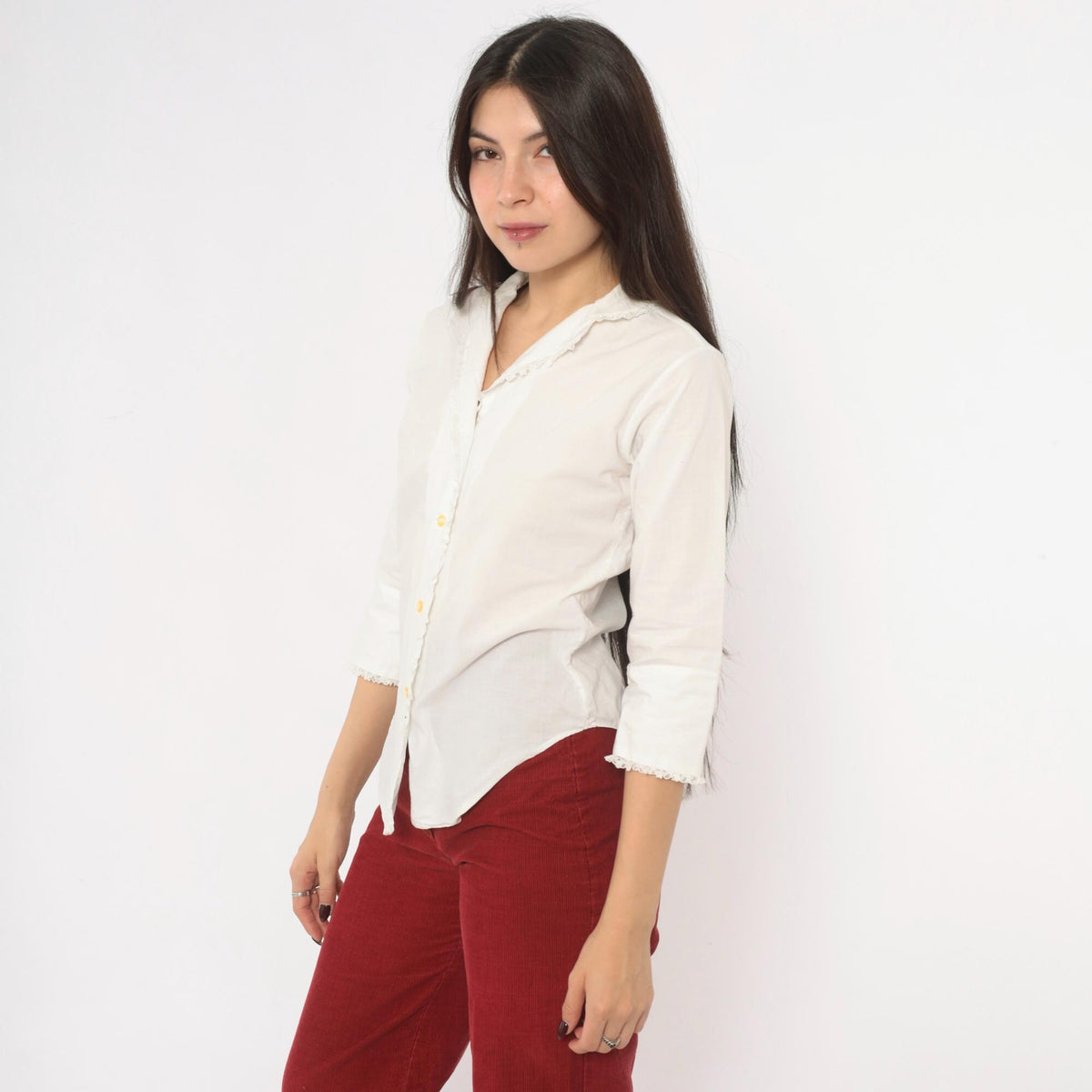 70s Lady Manhattan White Cotton Blouse Lace Trim V Neck Three Quarter Sleeve Extra Small