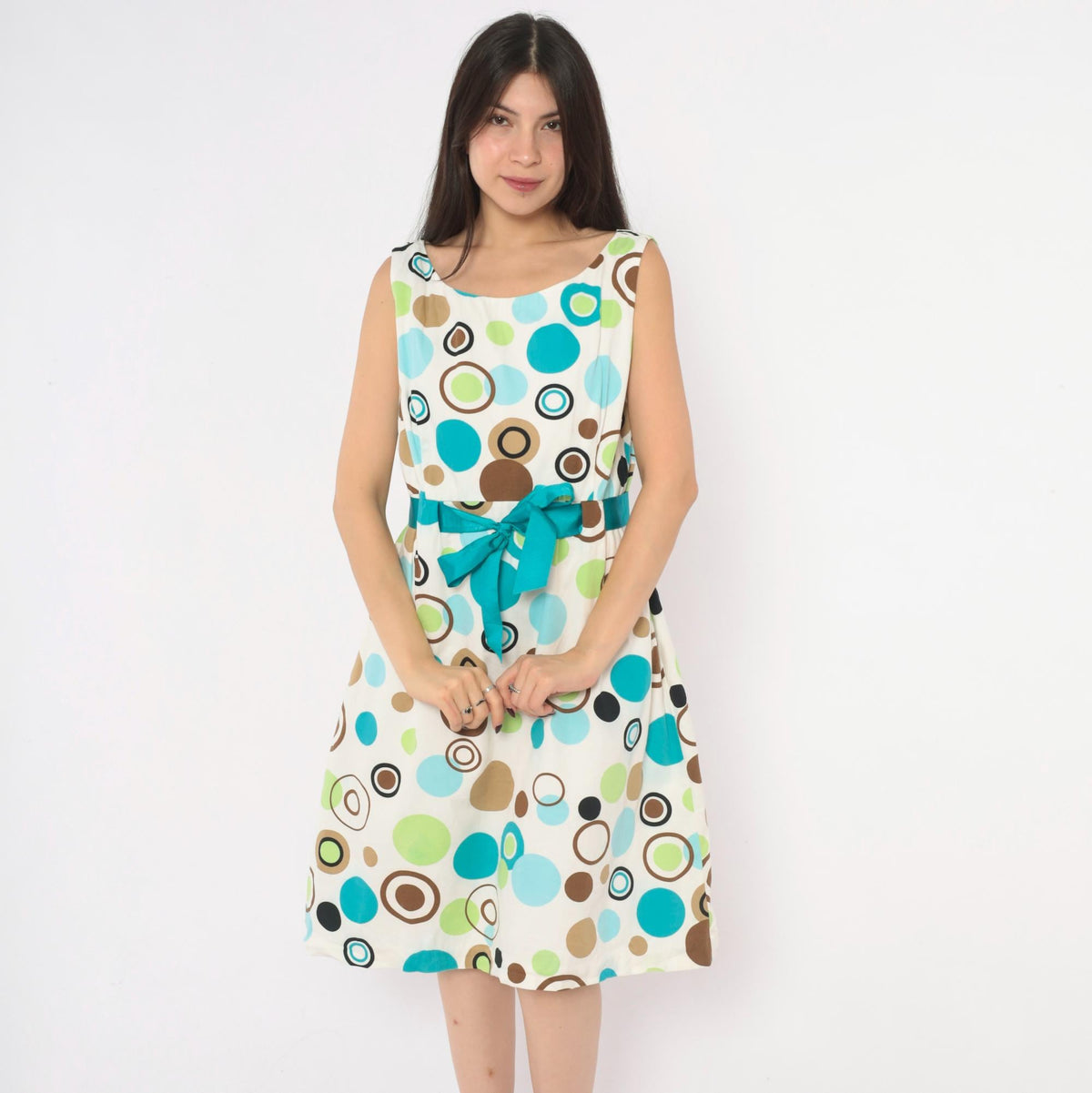 90s Jessica Howard White Polka Dot Sundress Teal Green Brown Knee-Length Large L