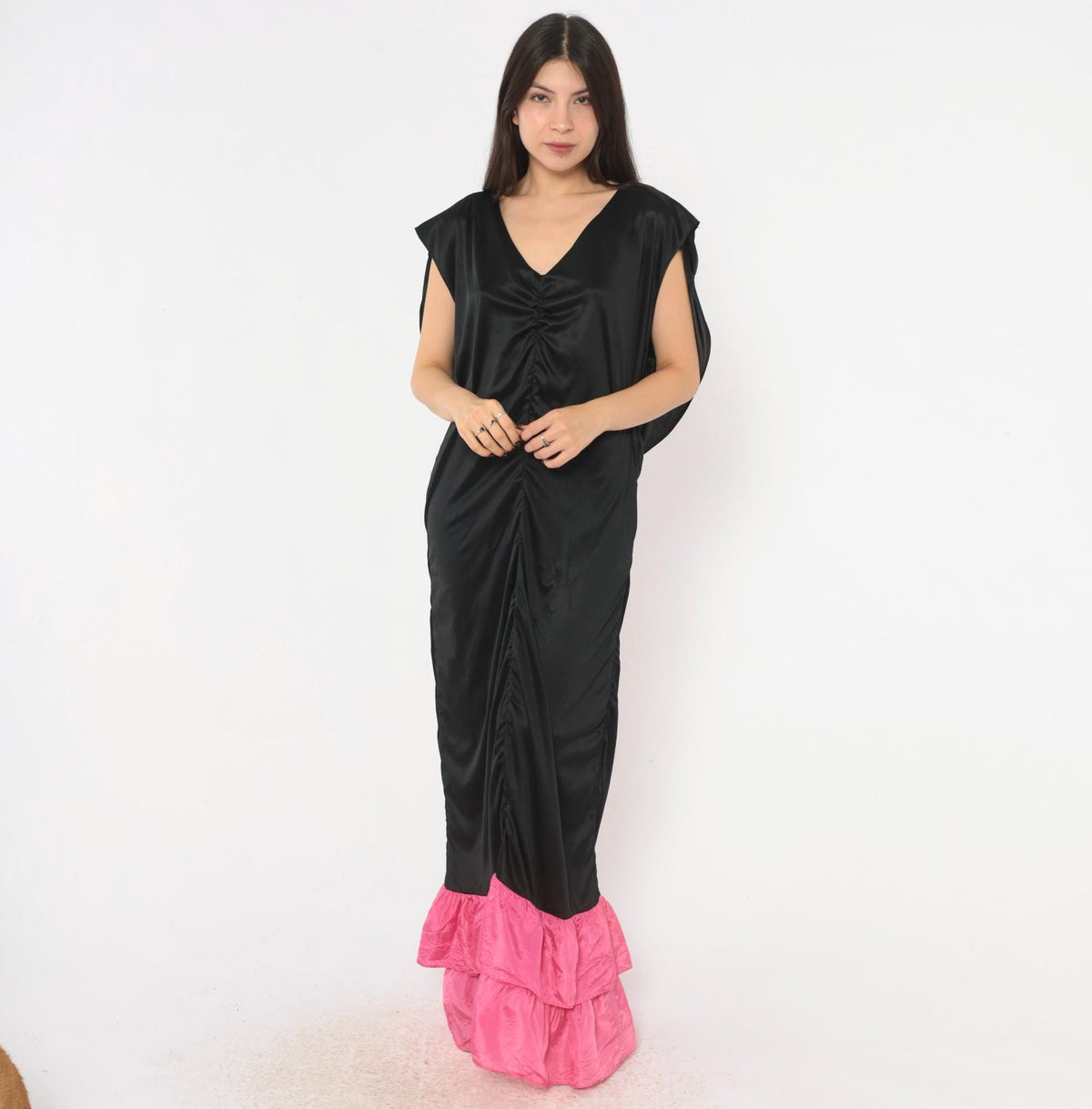 80s Black Satin Maxi Dress Fuchsia Ruffle Cowl Open Back Evening Gown Extra Large