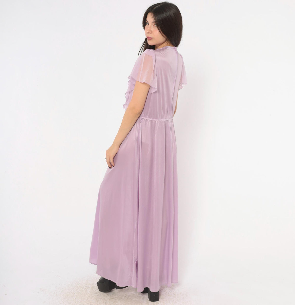 70s Lilac Chiffon Maxi Dress Flutter Sleeve A-Line Purple Pastel Large L