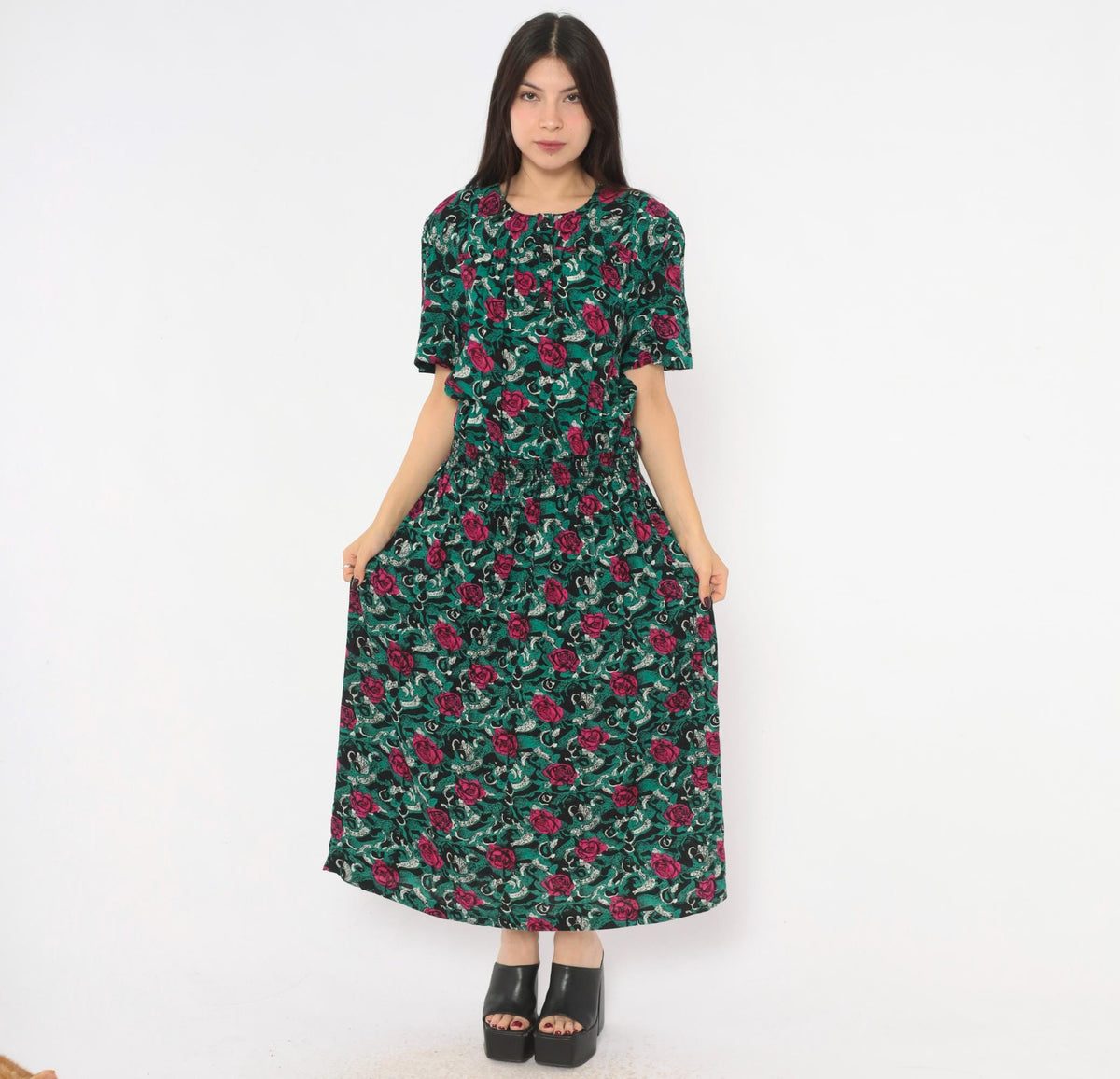 90s Virgo II Rose Print Maxi Dress Teal Pink Button Front Medium