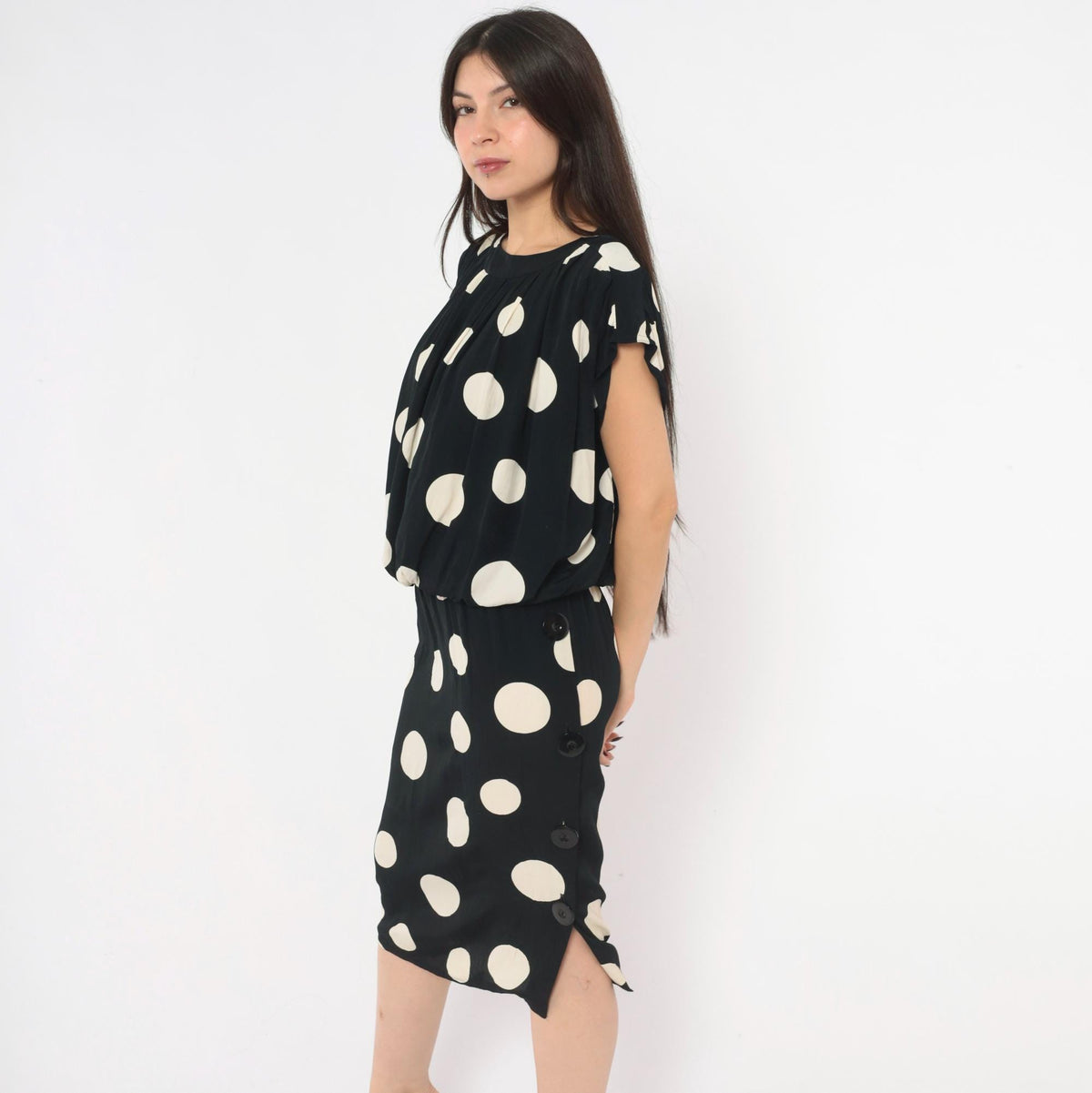 90s Chetta B Polka Dot Midi Dress Black Cream Cap Sleeve Small S