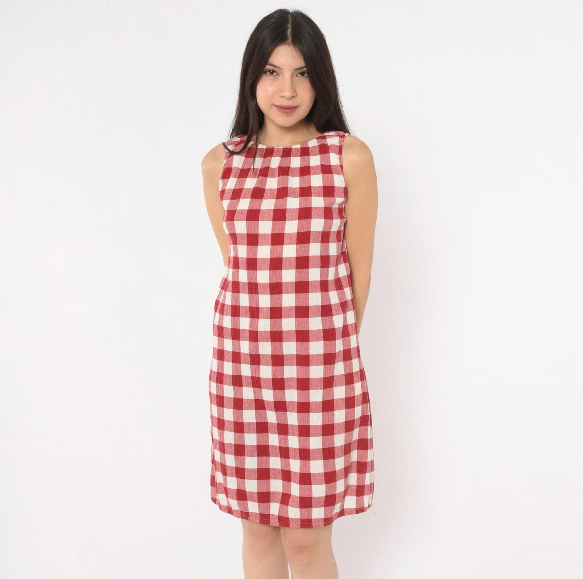 Y2K Red Gingham Sleeveless A-Line Dress Knee Length Medium M