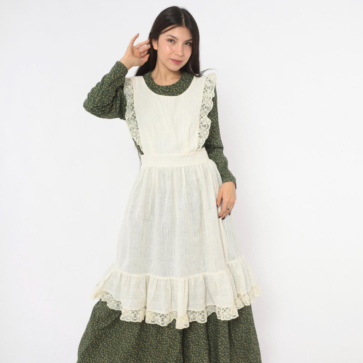 70s Cream Linen Pinafore Apron Dress Crochet Lace Ruffle Tie Back