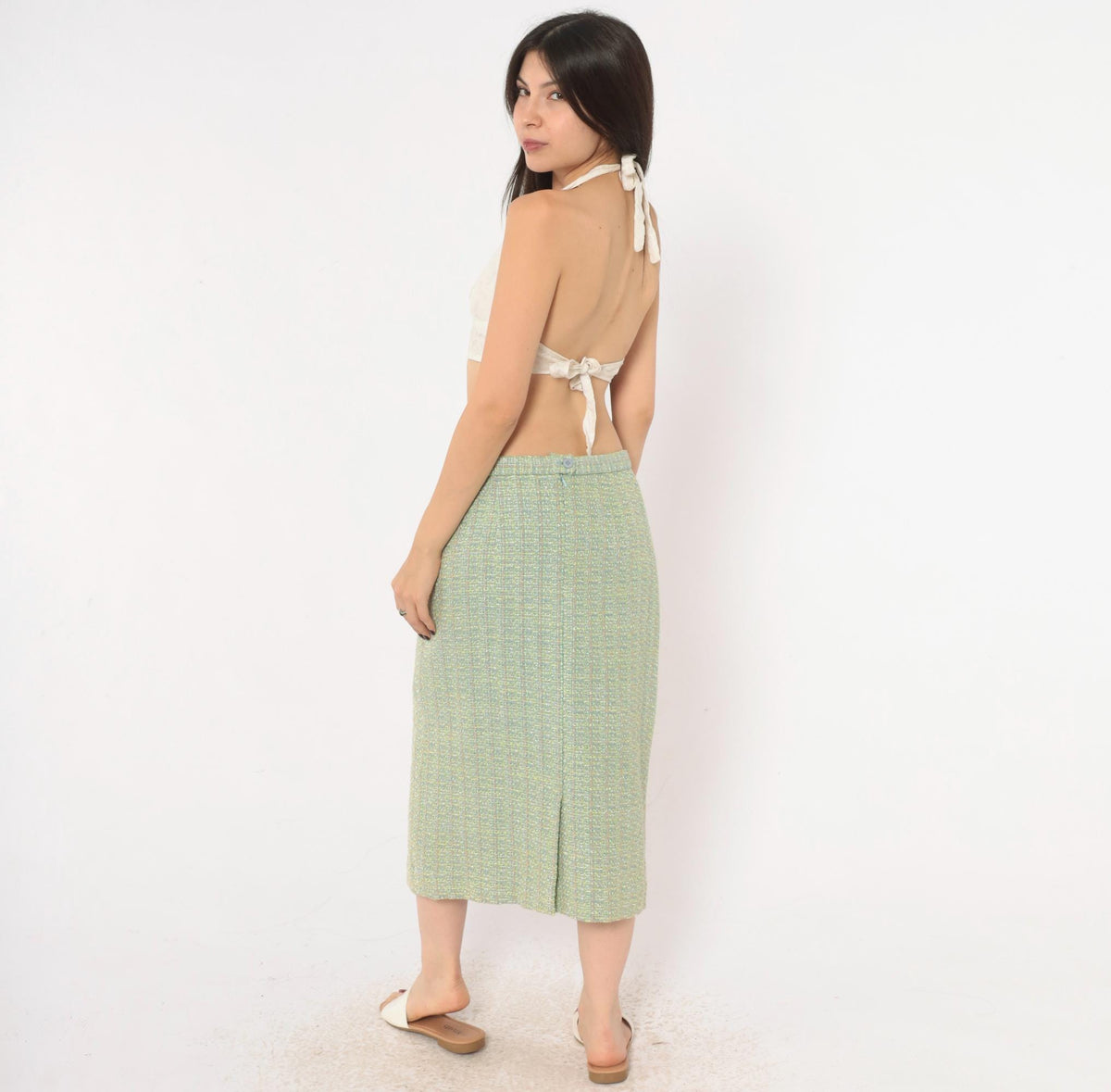 Y2K Green Tweed Midi Skirt Henry Lee Boucle High Waist Pencil Medium M