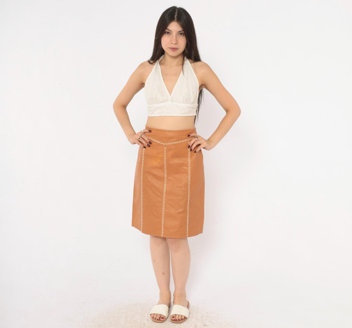 Y2K GAP Tan Leather A-Line Skirt Whipstitch Cream Stitching Small S