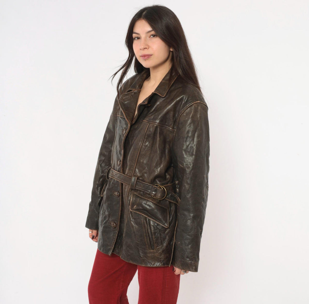 90s Oakwood Brown Leather Jacket Belted Waist Button Front Moto Large