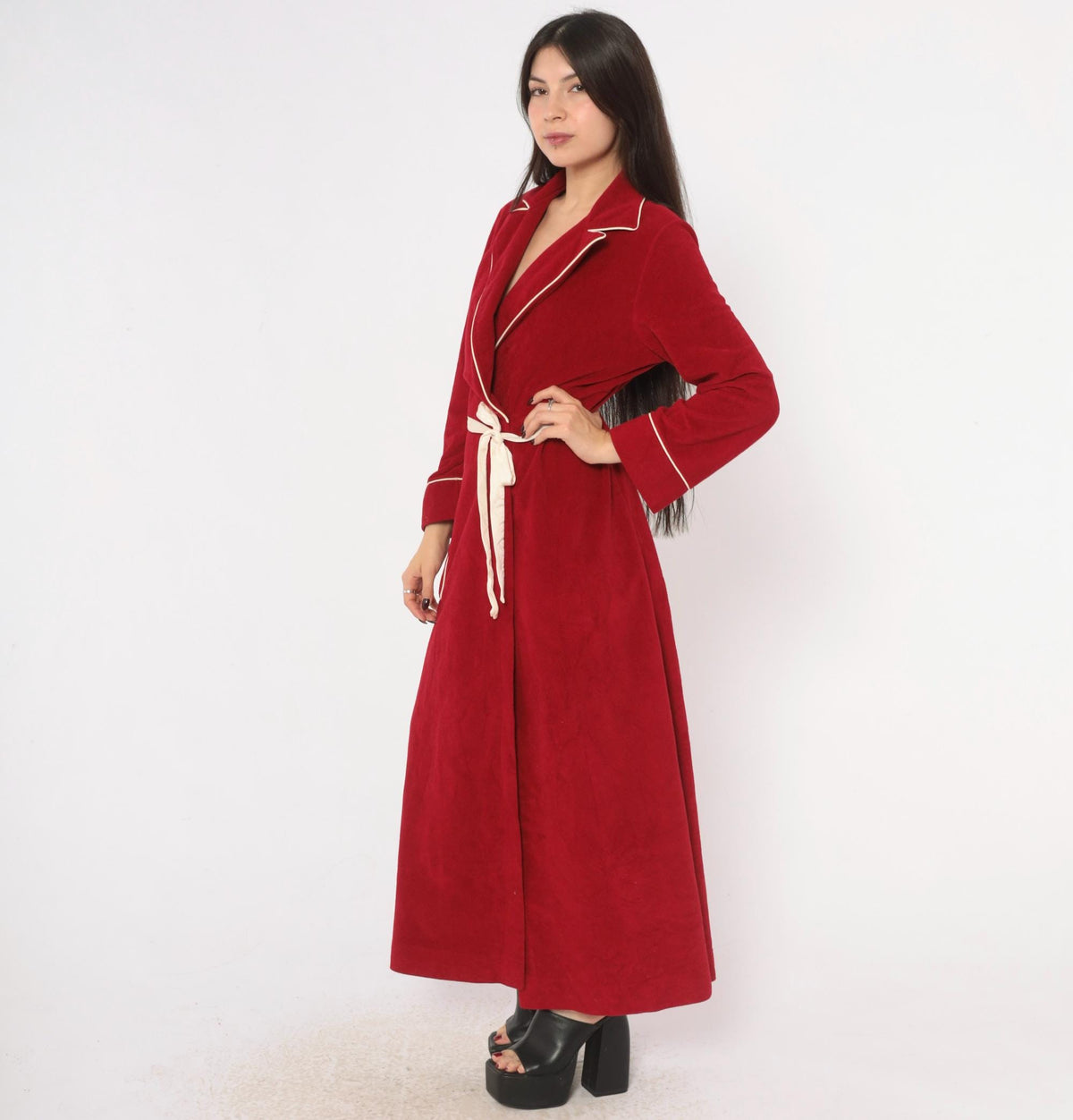 80s Kayser Red Wrap Robe Maxi Dressing Gown White Piping Medium M