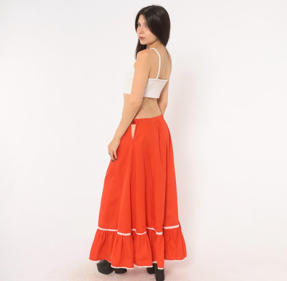 70s Orange Prairie Skirt Tiered Ruffle Eyelet Lace Trim Ankle Length Large