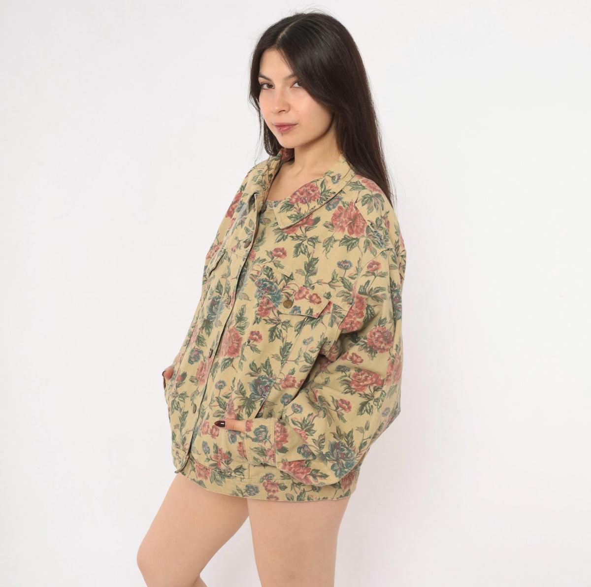 90s Woolrich Floral Denim Jacket Beige Cotton Canvas Pink Rose Print Extra Large XL