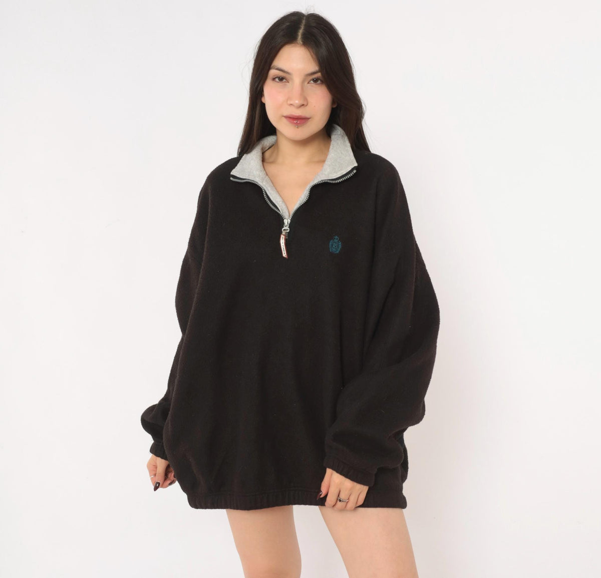 90s Snow Fleece Black Half Zip Pullover Grey Collar Raglan Extra Large XL