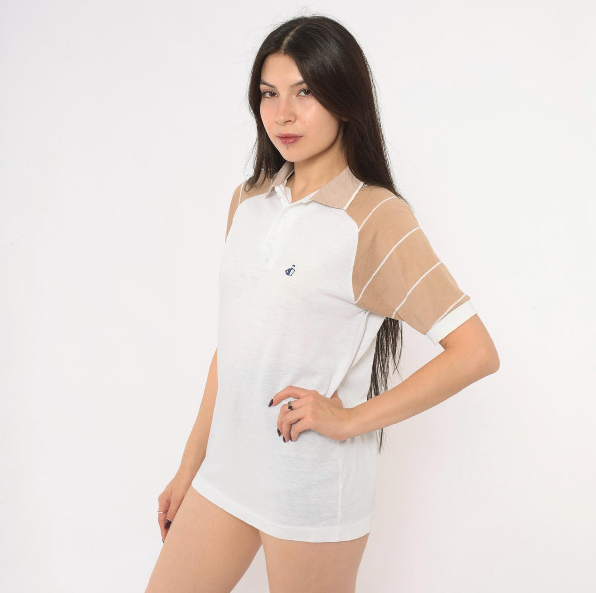 80s Colorblock Polo Shirt Raglan Striped White Tan Knit Medium