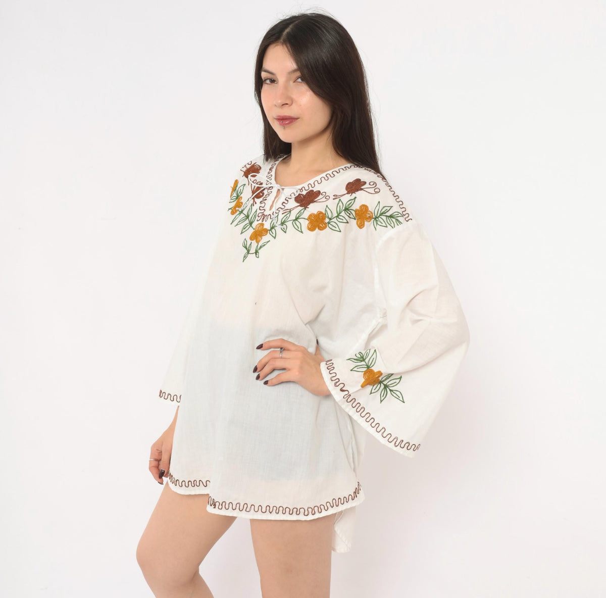90s White Embroidered Bell Sleeve Tunic Blouse Brown Butterfly Keyhole Tie Neck Extra Large XL