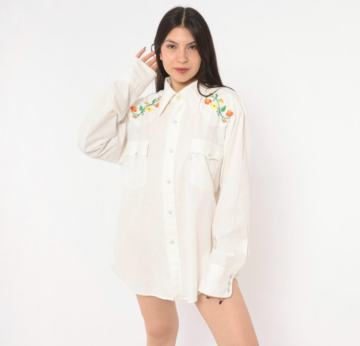 70s Levi's Western Shirt Floral Embroidered Yoke White Pearl Snap Large