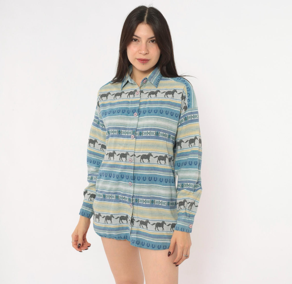 90s CM Company Horse Print Western Shirt Blue Cream Striped Cotton Small