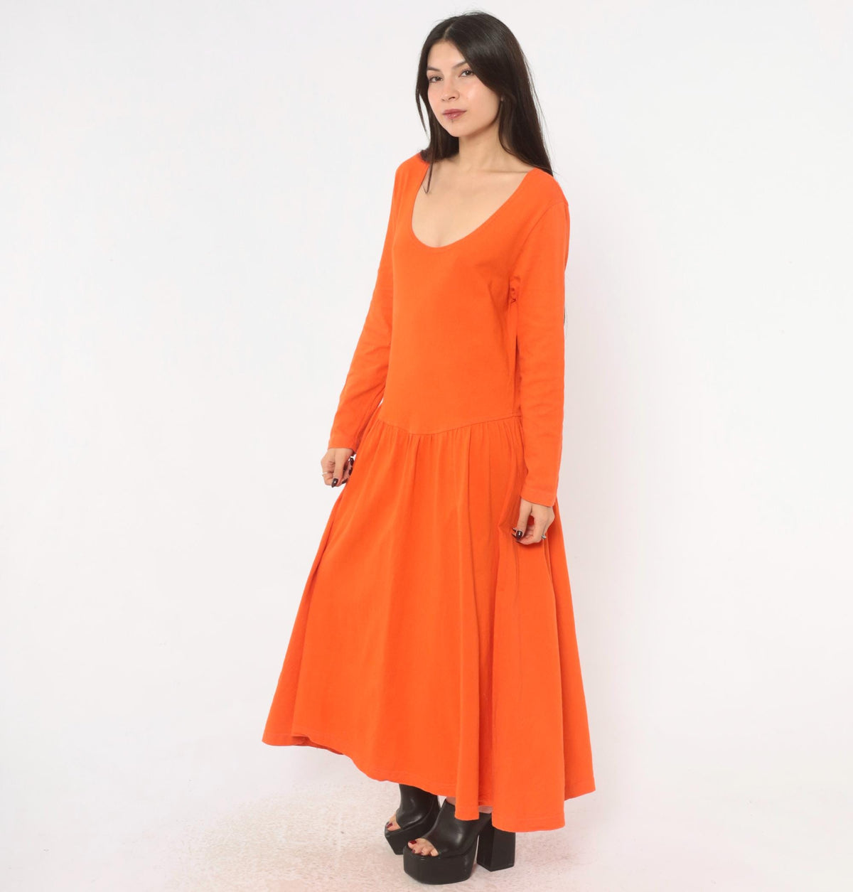 90s Oakbrook Sport Orange Cotton Dress Drop Waist Long Sleeve Medium