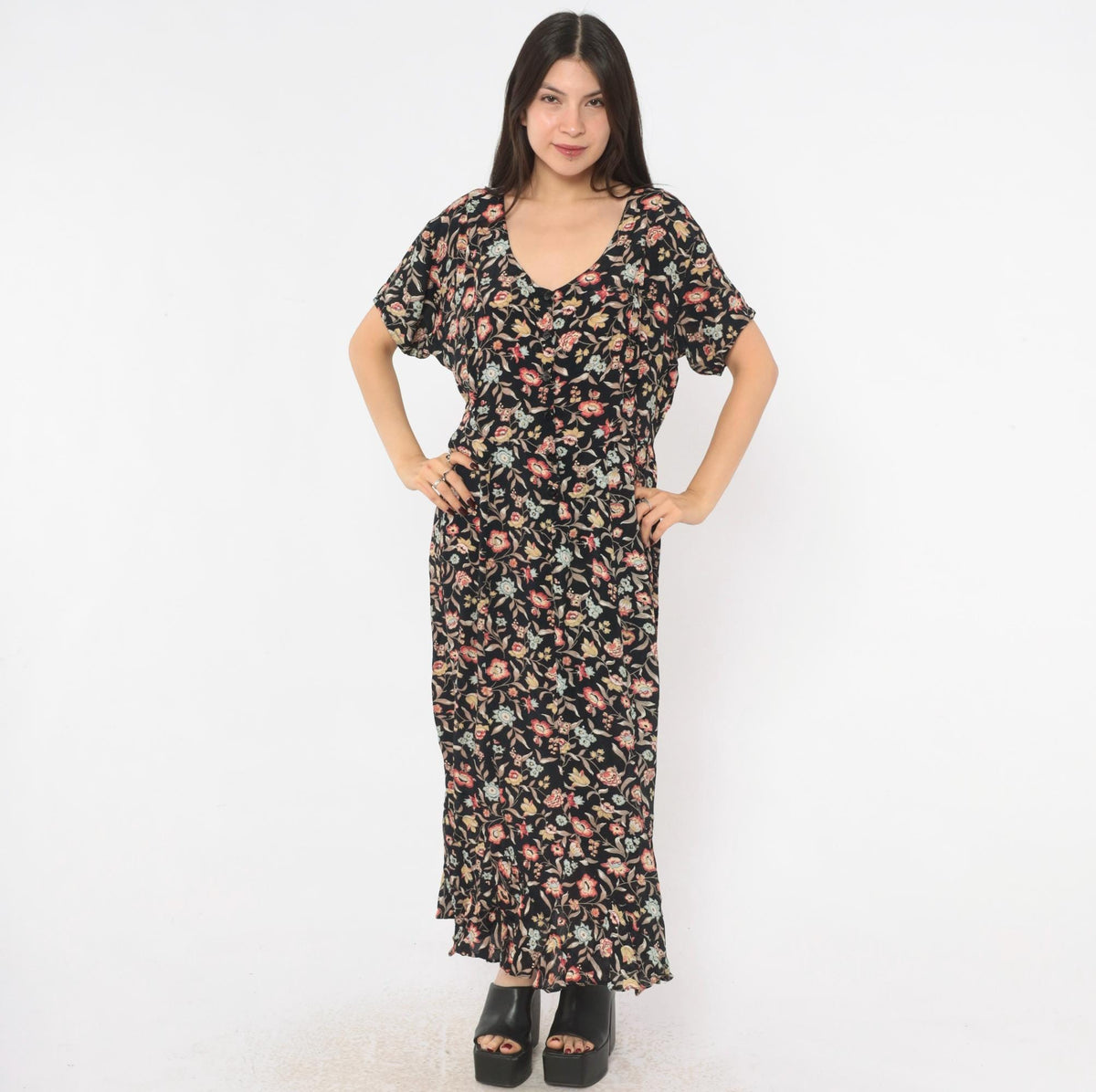 90s Contempo Casuals Black Floral Midi Dress Button Front V Neck Large L