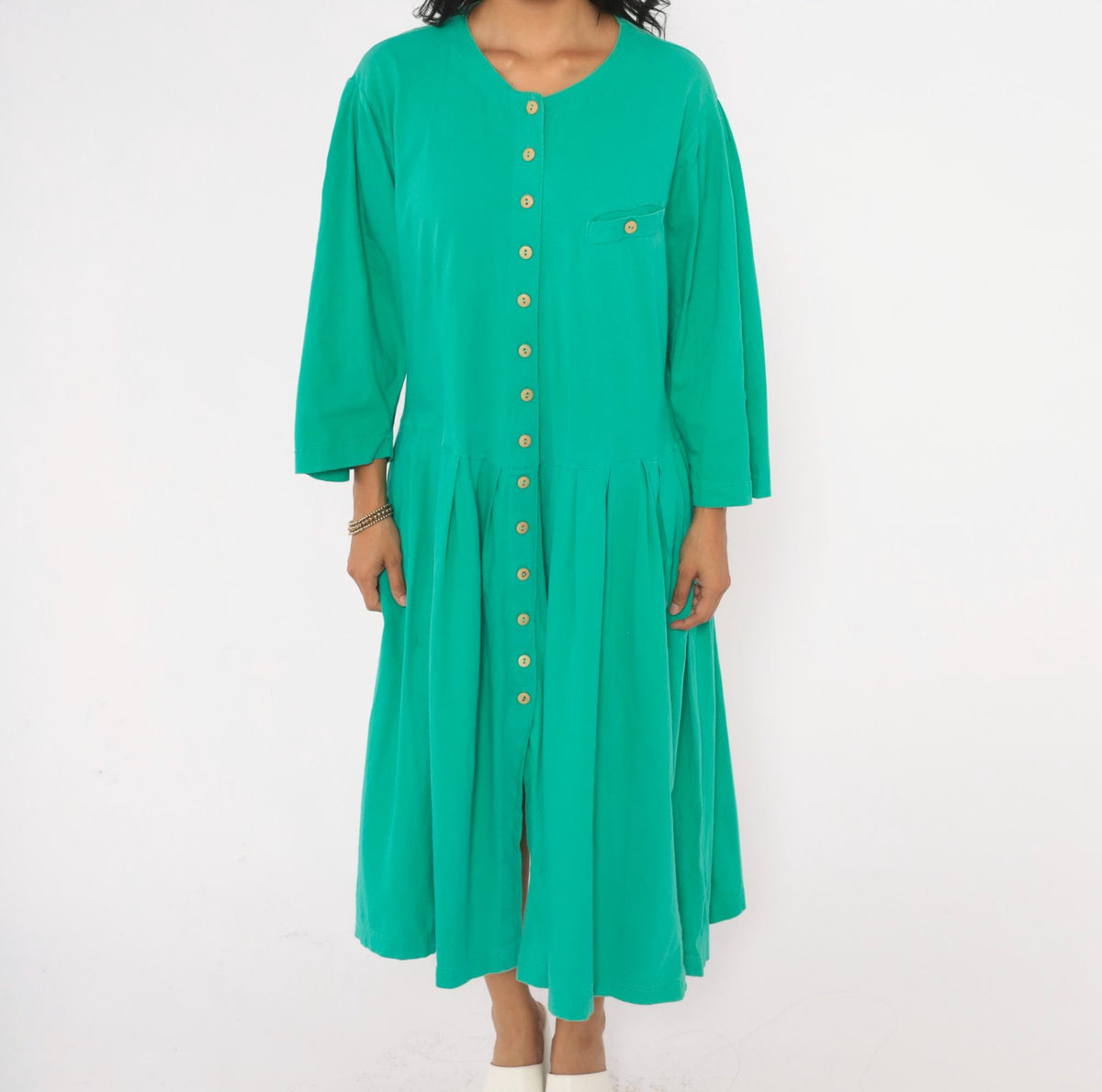 80s Louis London Green Cotton Midi Dress Button Front Drop Waist Extra Large