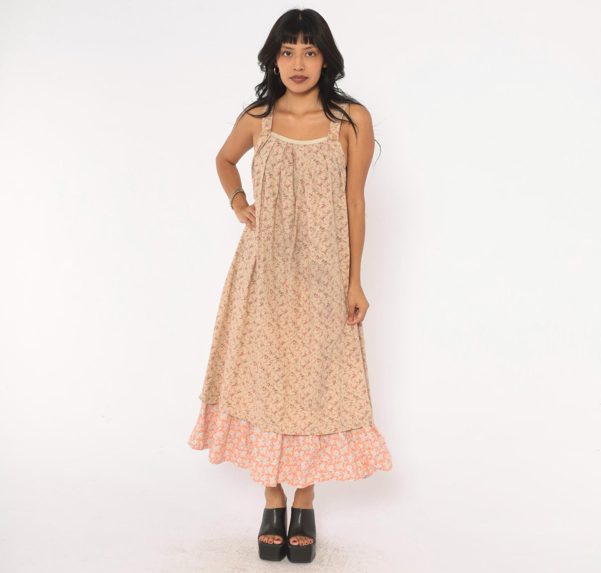 80s Floral Midi Sundress Beige Pink Cotton Square Neck Pleated Bodice Large