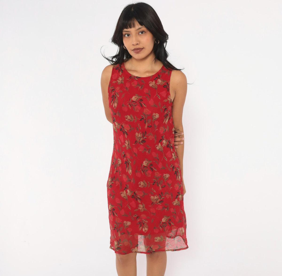 90s City Triangles Red Floral Dress Knee Length Sleeveless Small S