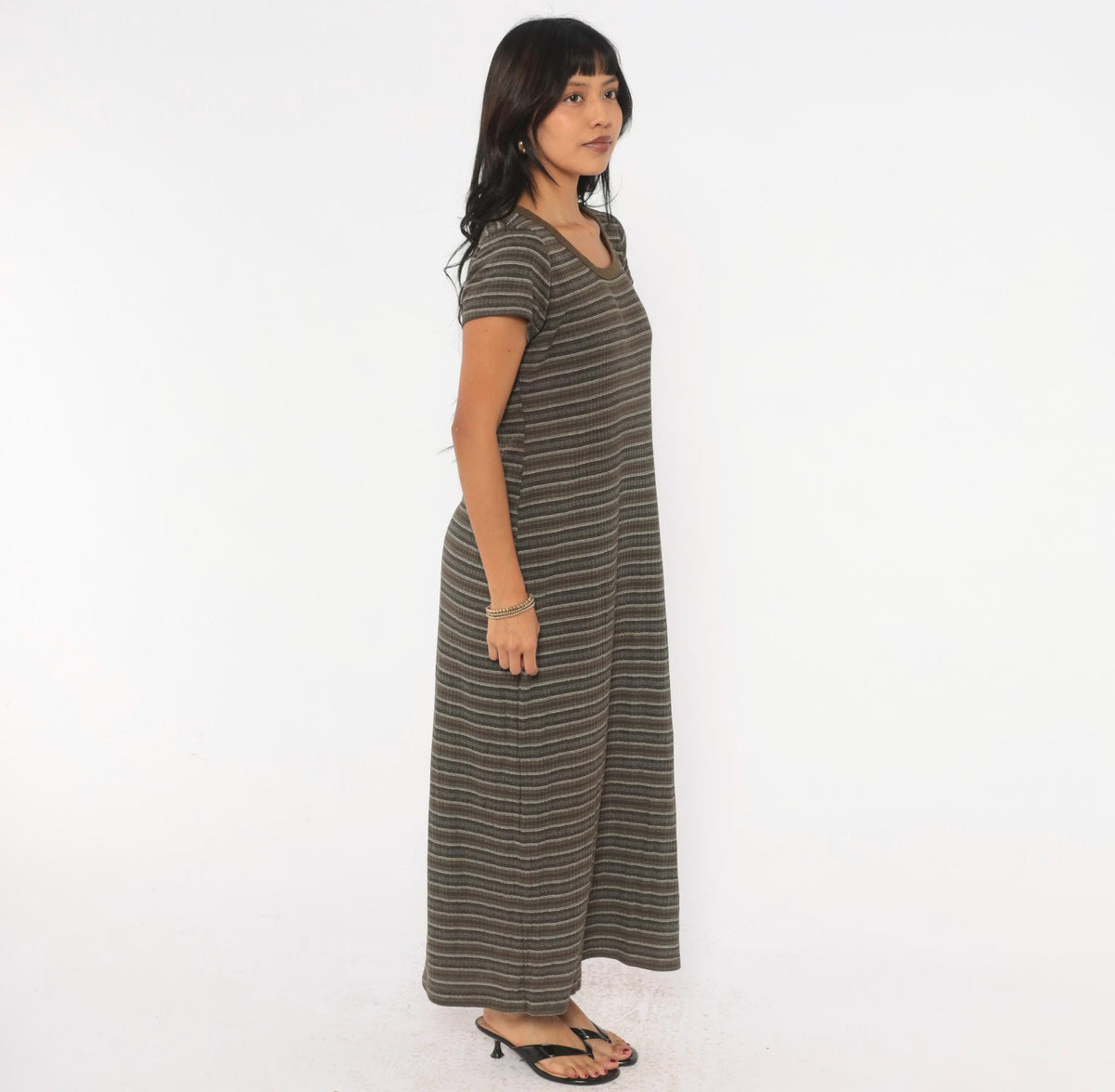 90s No Boundaries Striped Ribbed Knit Midi Dress Olive Brown Scoop Neck Large