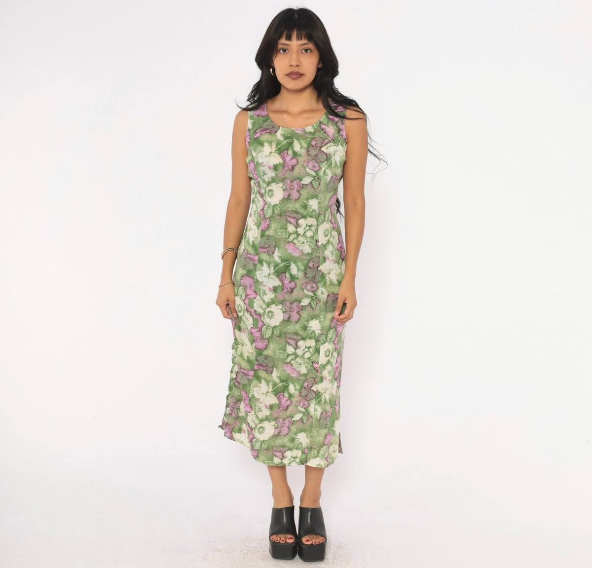 90s Caroline Wells Floral Midi Dress Green Purple Watercolor Small S