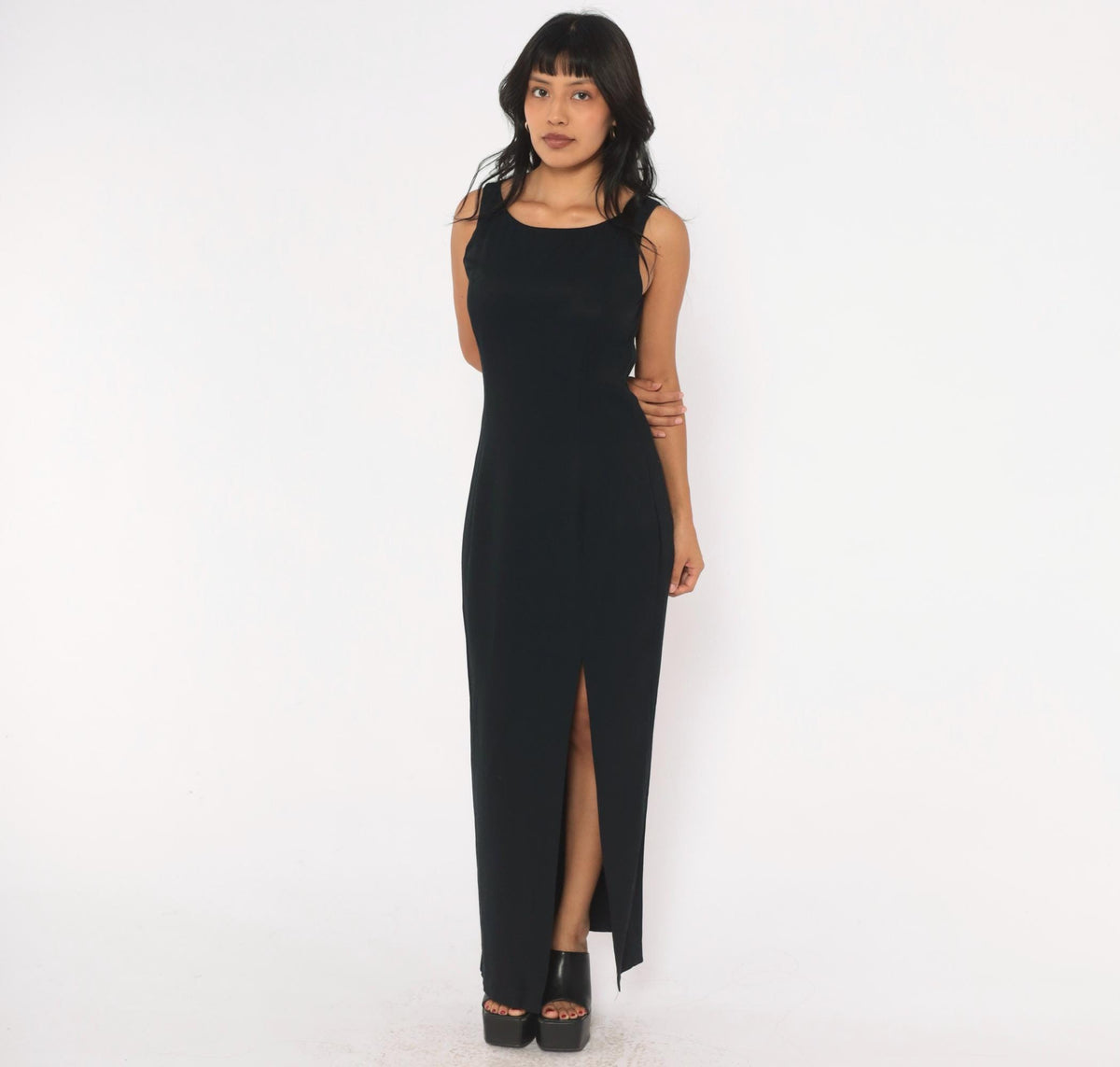 90s Gunne Sax Black Maxi Dress Sleeveless Scoop Neck Cutout Back Small S