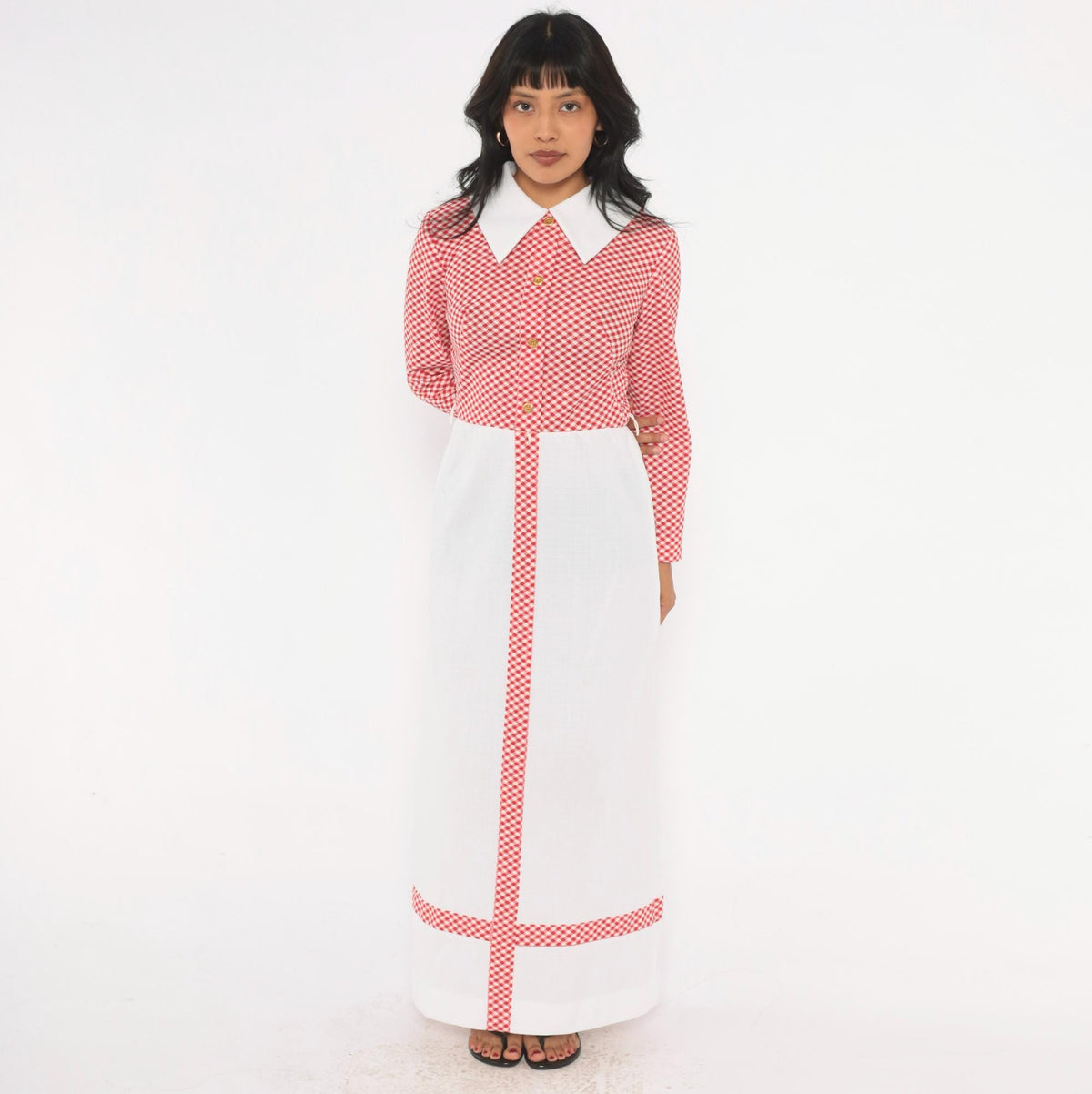 70s Miss Donna Gingham Maxi Dress Red White Check Pointed Collar Small